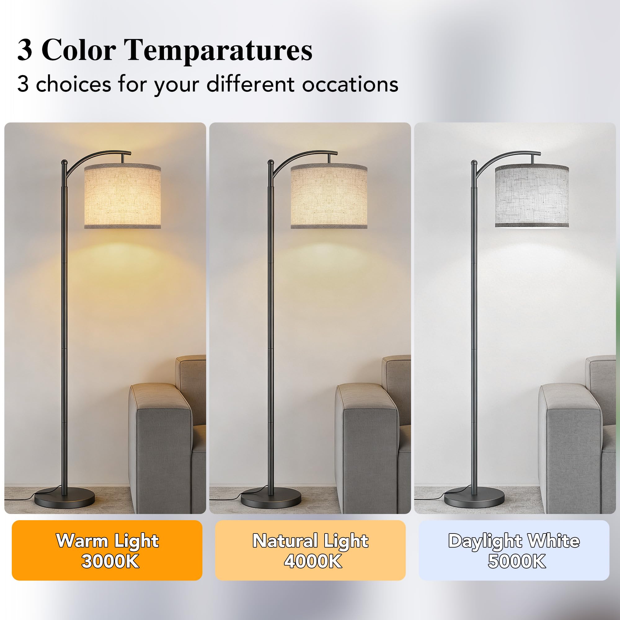Floor Lamp for Living Room with 3 Color Temperatures LED Bulb, Standing Lamp Tall Industrial Floor Lamp Reading for Bedroom, Office (9W LED Bulb, Beige Lampshade Included) -Grey