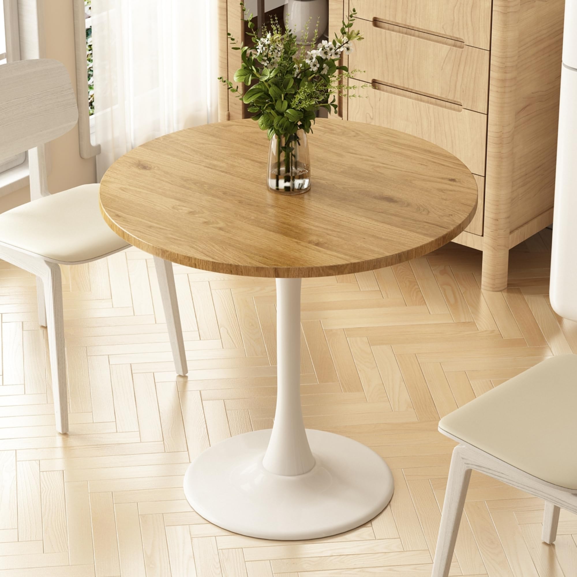 Kasinali Round Dining Table 30" Circle Tulip Table with Wood Thickened Tabletop & Sturdy Metal Pedestal Mid Century Modern Leisure Bistro Kitchen Tables 4 People Small Places Living Room Cafe,Oak