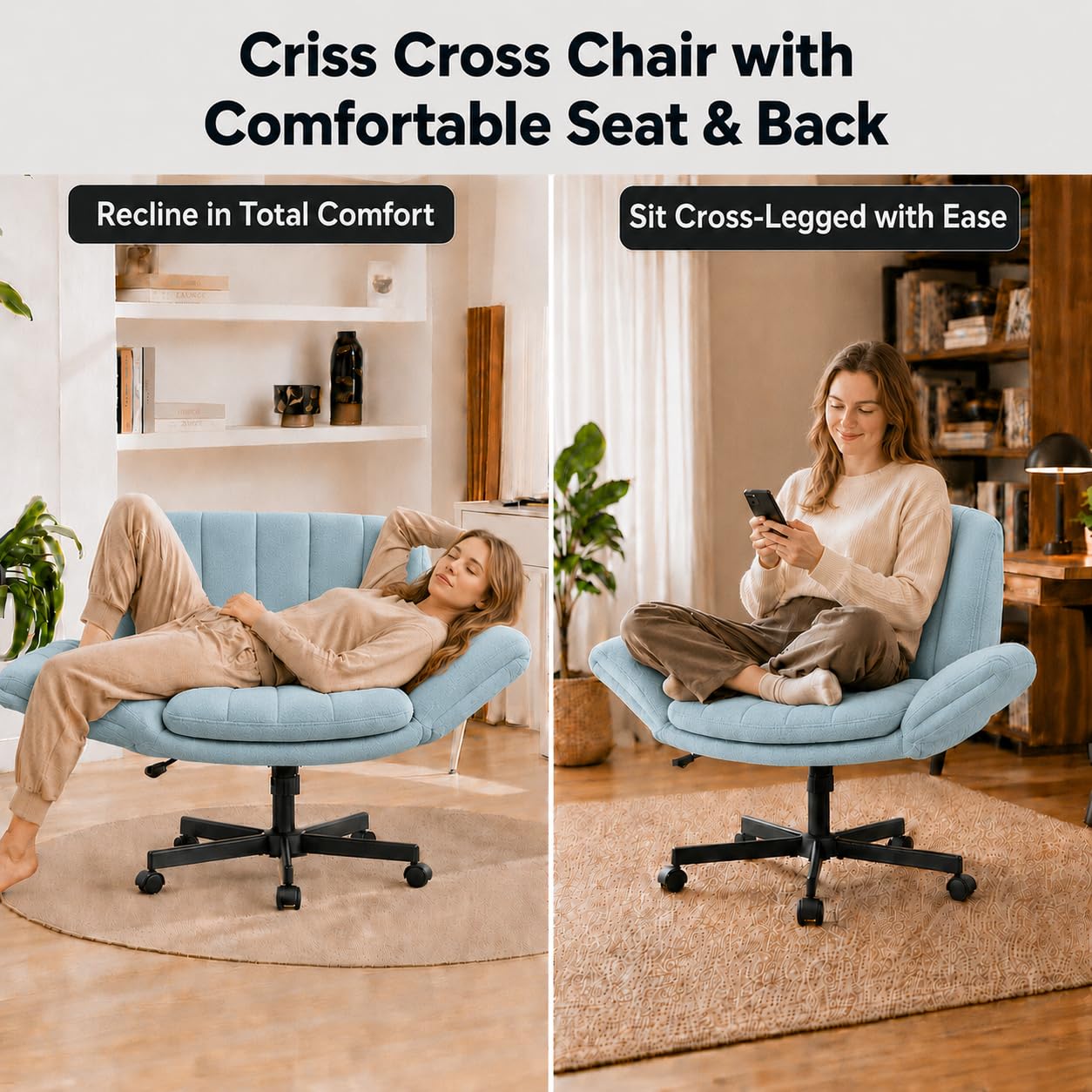 Criss Cross Office Chair with Wheels and Arms, Vanity Chair with Back, Comfy Swivel Cross Legged Office Chairs for Ultimate Comfort and Support, Unique Multifunctional Stylish Arms (Fabric Green)