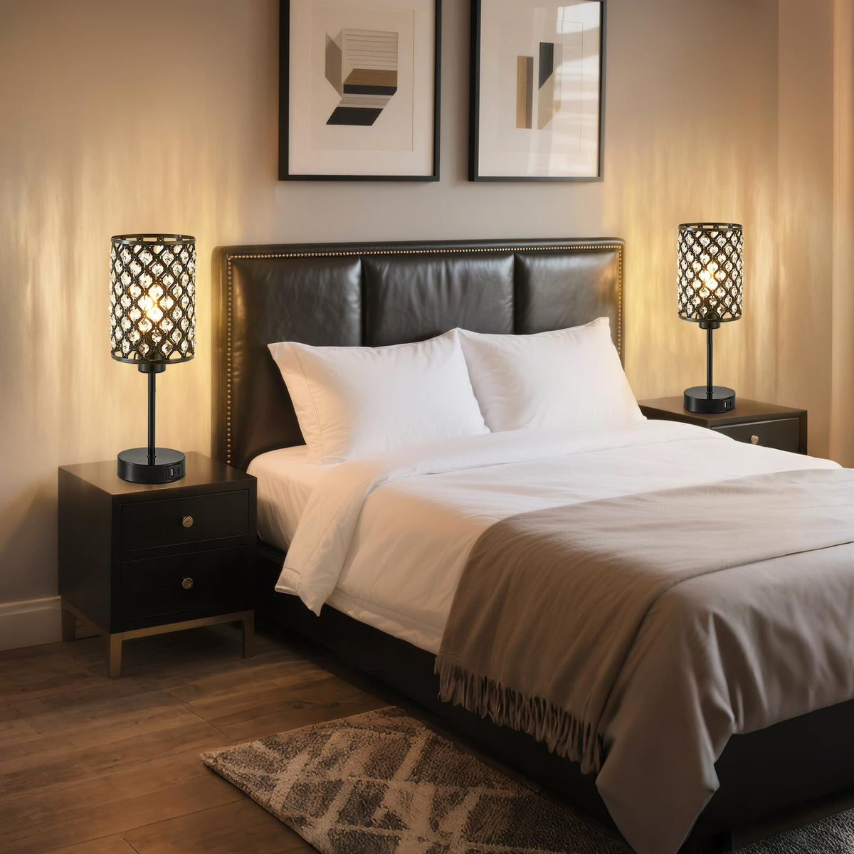 Black Crystal Bedside Table Lamps Set of 2 with USB C+A Ports