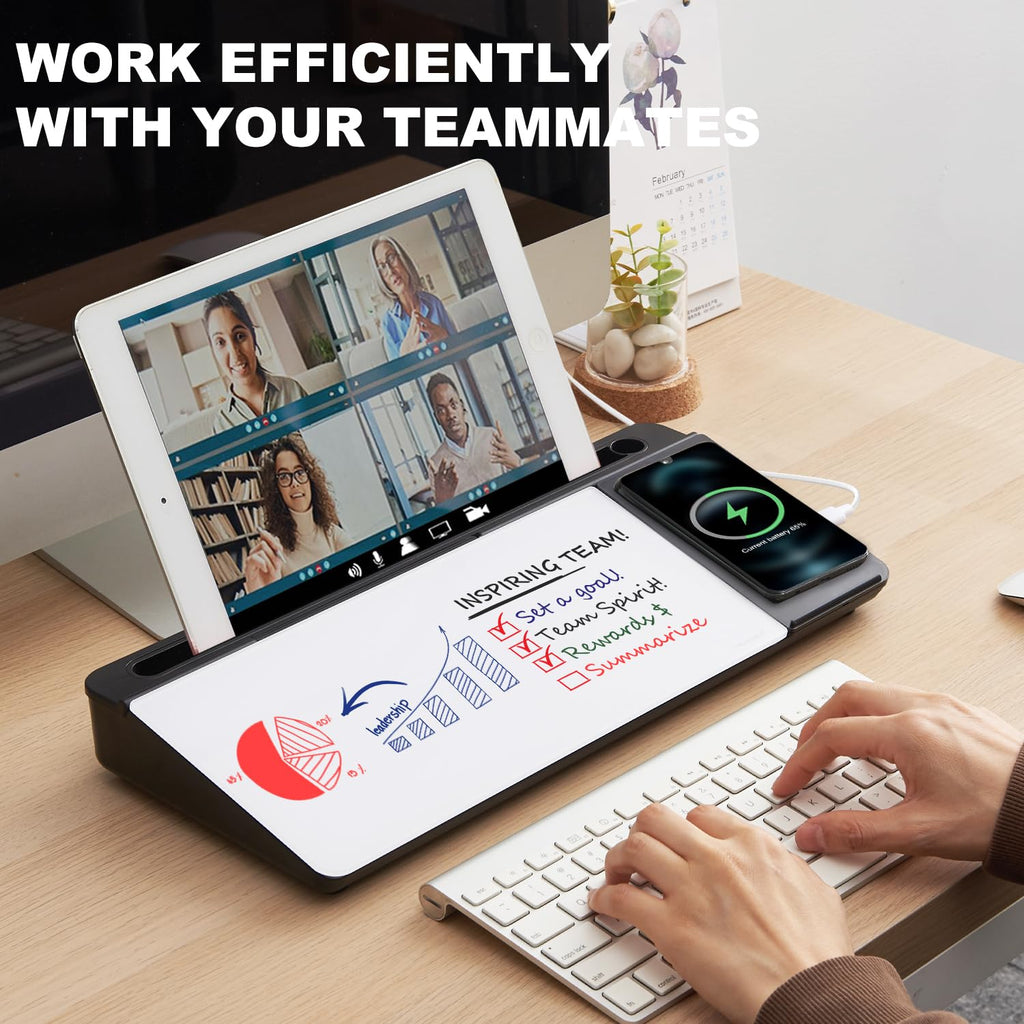 Small Glass Desktop Whiteboard Dry-Erase-Board - Computer Keyboard Stand with Wireless Charger White Board Surface Pad with Drawer, Desk Organizers with Accessories for Office, Home, School Supplies
