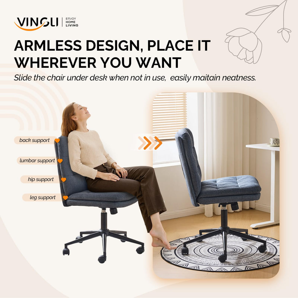 Mid Back Armless Office Desk Chair with Wheels/no Wheels,360°Rocking Swivel Vanity Chair with Thickened Cushion,Adjustable Height Rolling for Reading Room, Make up, Linen Navy Blue
