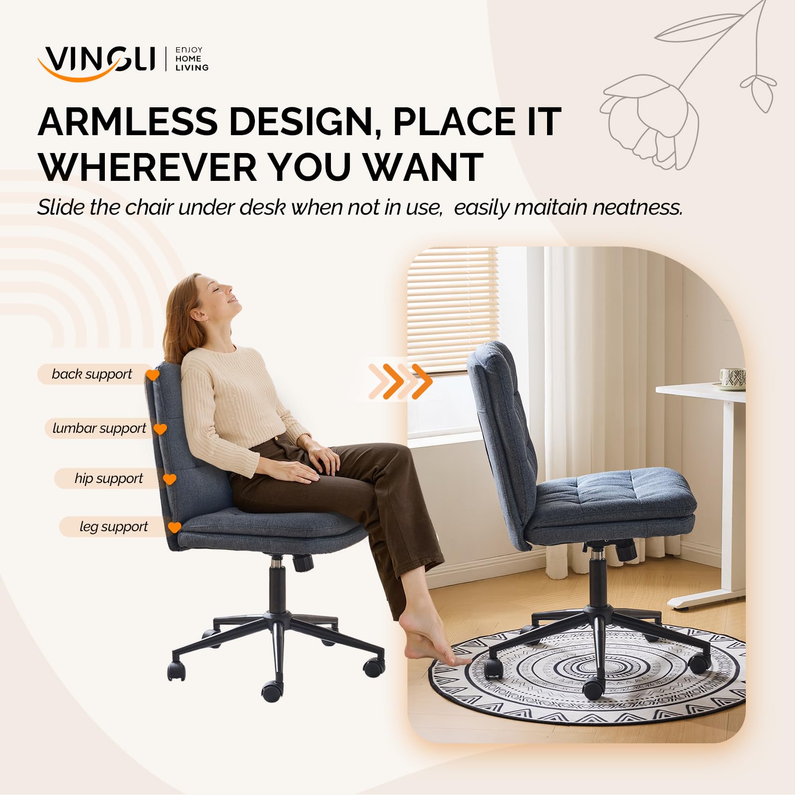 Mid Back Armless Office Desk Chair with Wheels/no Wheels,360°Rocking Swivel Vanity Chair with Thickened Cushion,Adjustable Height Rolling for Reading Room, Make up, Linen Navy Blue