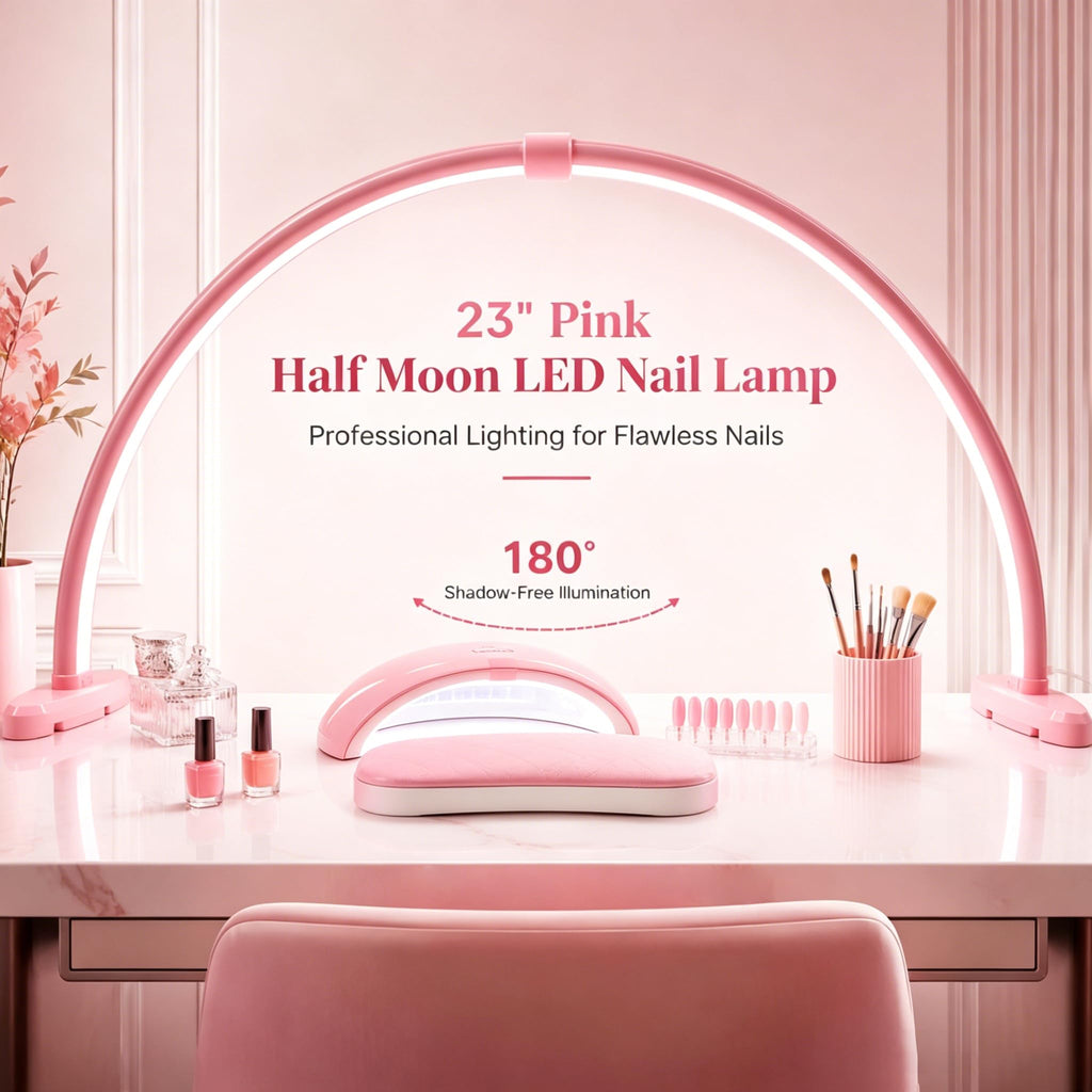 Half Moon Nail Desk Lamp, 23” Foldable Nail Tech Light, 10-Level Dimming & 3 Color Temperatures, Pink Arch Light for Manicure, Eyelash, Tattoo & Skin Care
