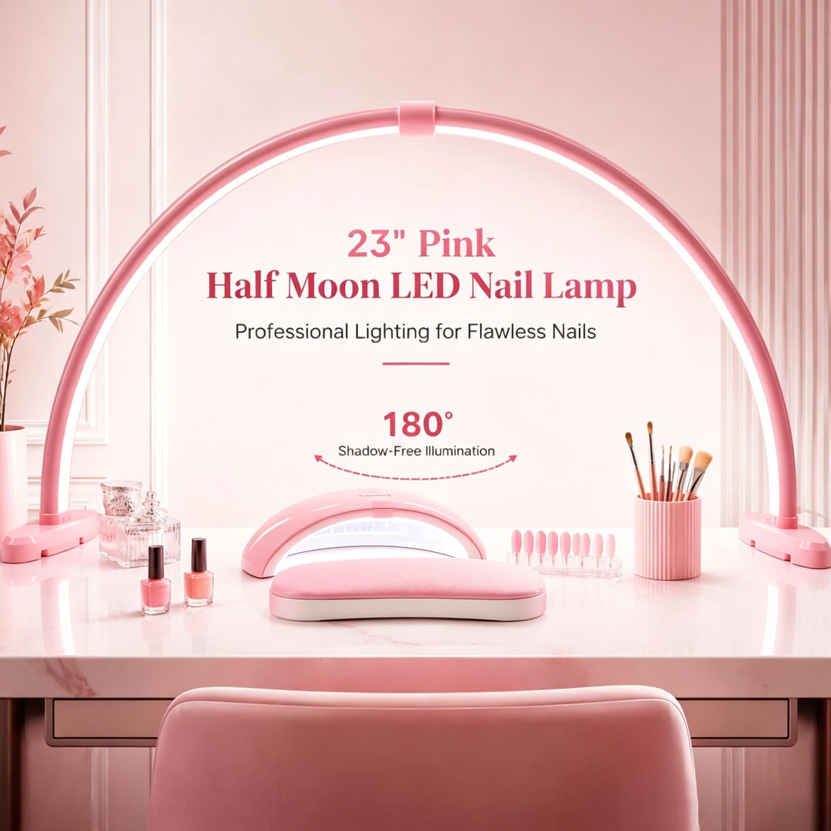 Half Moon Nail Desk Lamp, 23” Foldable Nail Tech Light, 10-Level Dimming & 3 Color Temperatures, Pink Arch Light for Manicure, Eyelash, Tattoo & Skin Care