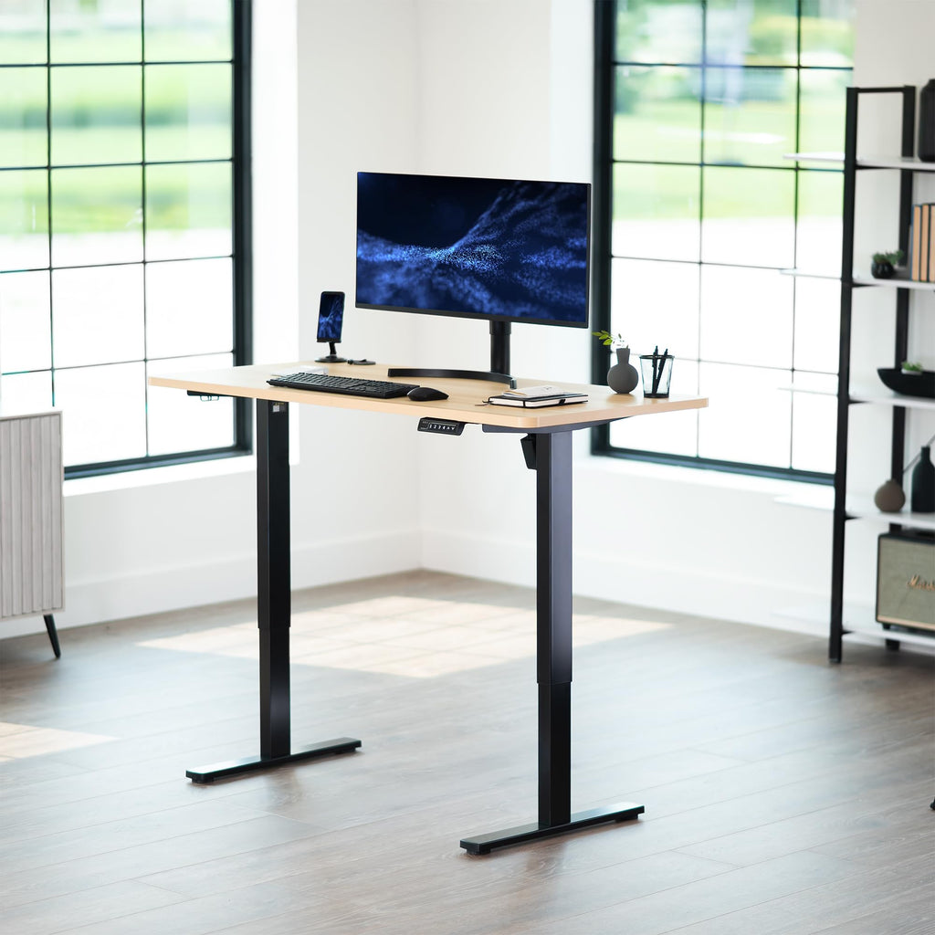 Electric 55 x 28 in Standing Desk, Memory Height Adjustment, 1B Series, Holds 220 lbs, One-Piece Light Wood Top, Black Frame