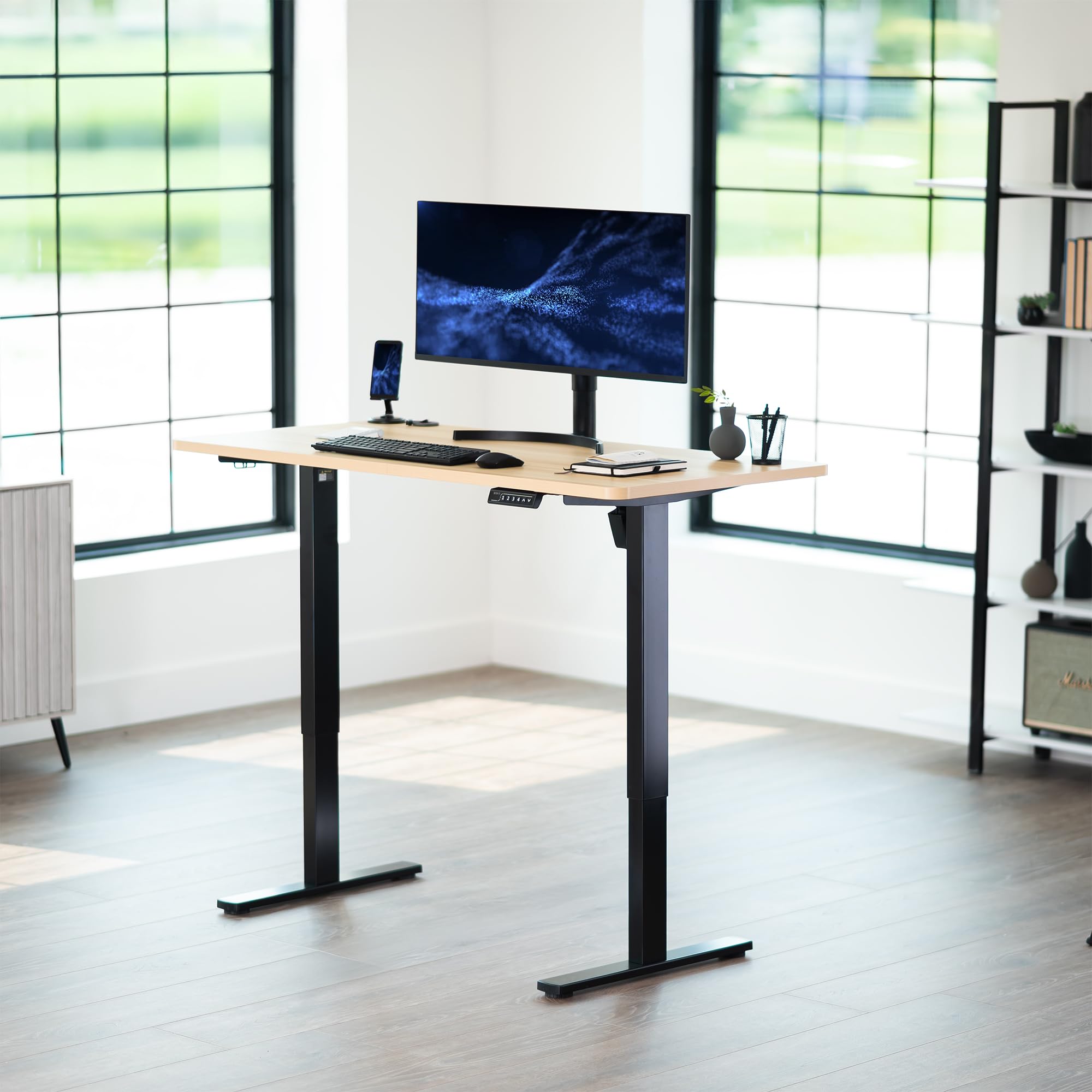 Electric 55 x 28 in Standing Desk, Memory Height Adjustment, 1B Series, Holds 220 lbs, One-Piece Light Wood Top, Black Frame