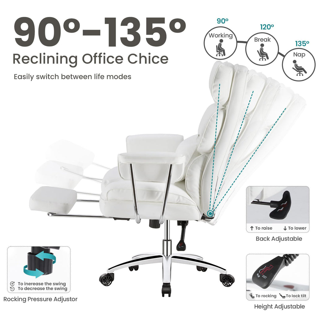 Home Office Desk Chair Comfy with Foot Rest, PU Leather Ergonomic Big and Tall High Back Support, 360° Swivel Wheels, Armrests and Detachable Pillow, Height Adjustable, White