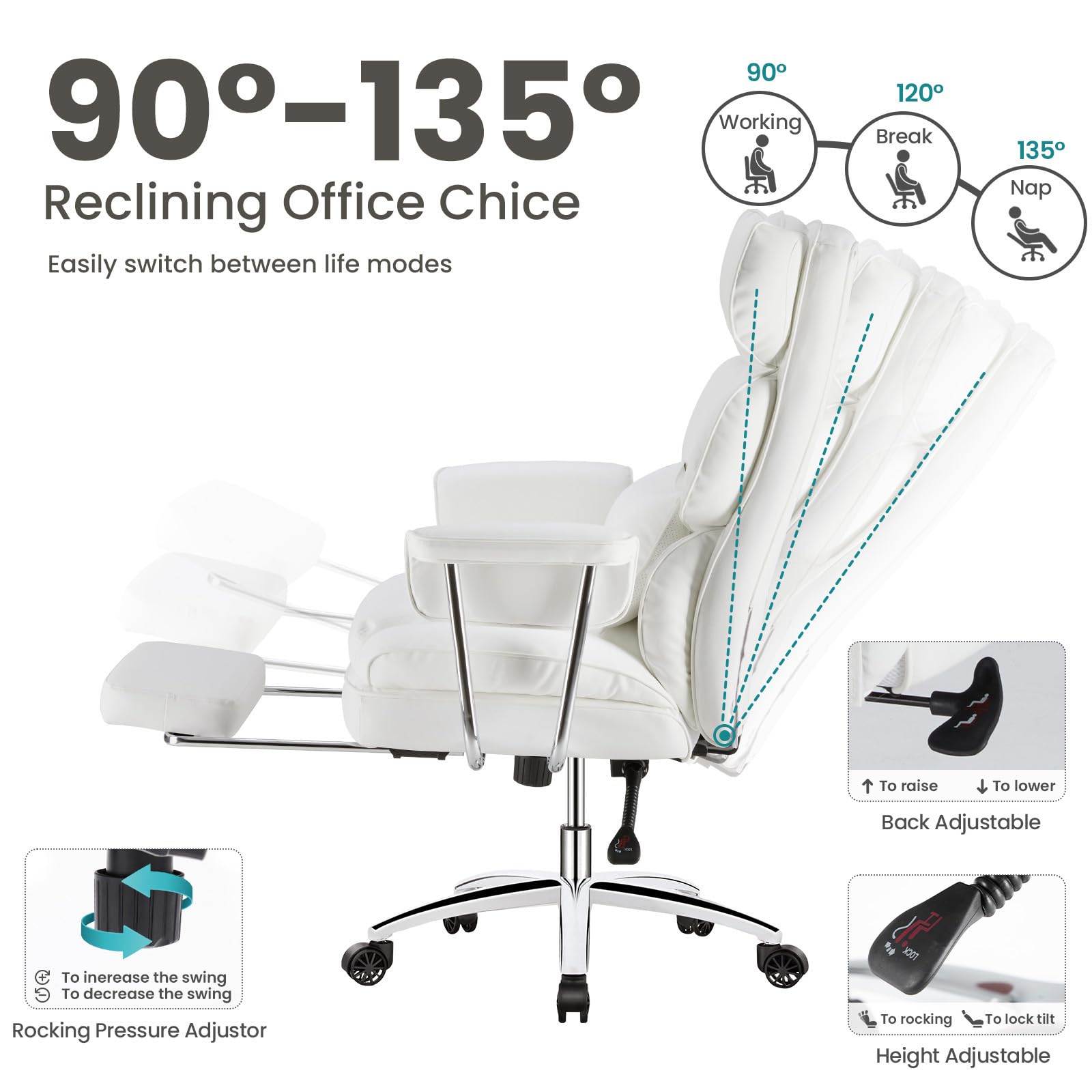 Home Office Desk Chair Comfy with Foot Rest, PU Leather Ergonomic Big and Tall High Back Support, 360° Swivel Wheels, Armrests and Detachable Pillow, Height Adjustable, White