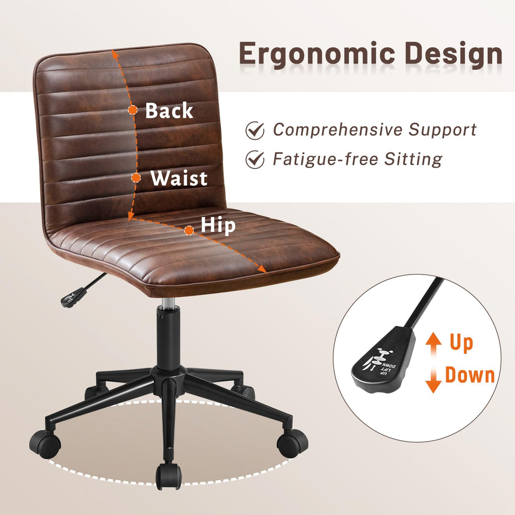 Leather Home Office Chair, Armless Vanity Desk Task Chair with Wheels 360° Swivel Computer Rolling Desk Chair with Back, Adjustable Accent Chair with Base Stool