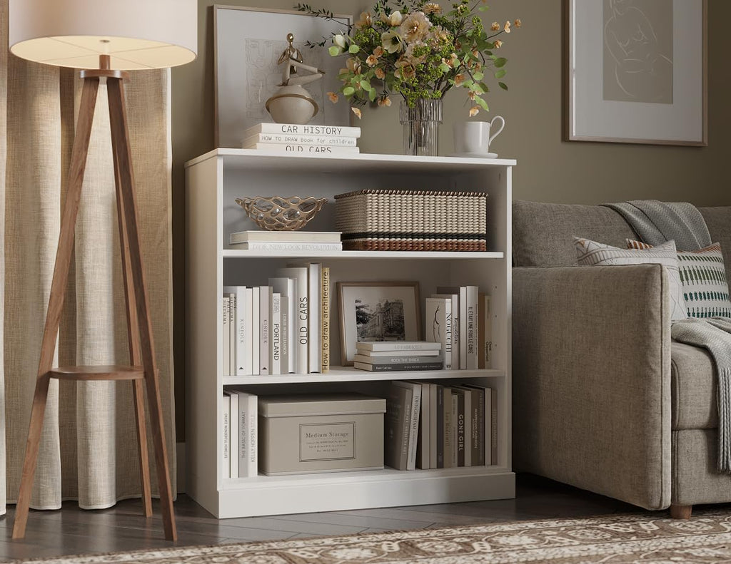 Solid Wood Bookcase - 3-Tier Floor Standing Bookshelf - 36" Short Storage Shelf, 32” Wide - White, Display Furniture for Living Room, Renewable 100% Eco-Friendly Wood, Made in Brazil