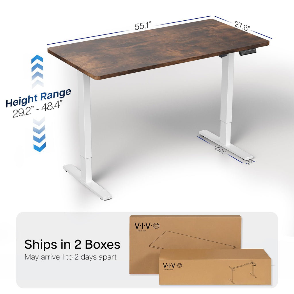 Electric 55 x 28 in Standing Desk, Memory Height Adjustment, 1B Series, Holds 220 lbs, One-Piece Rustic Vintage Brown Top, White Frame