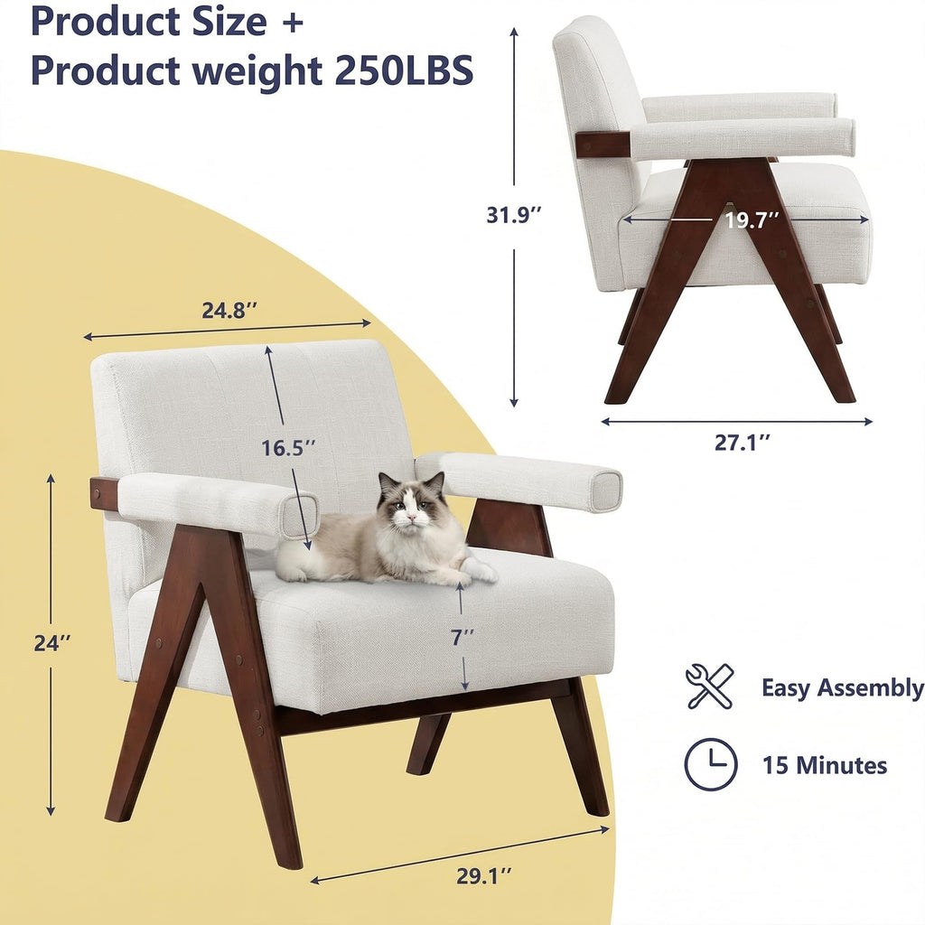 Mid Century Modern Accent Chair Set of 2, Solid Wood Frame White Linen Armchairs, Modern Reading & Living Room Chairs for Office Guest & Waiting Room