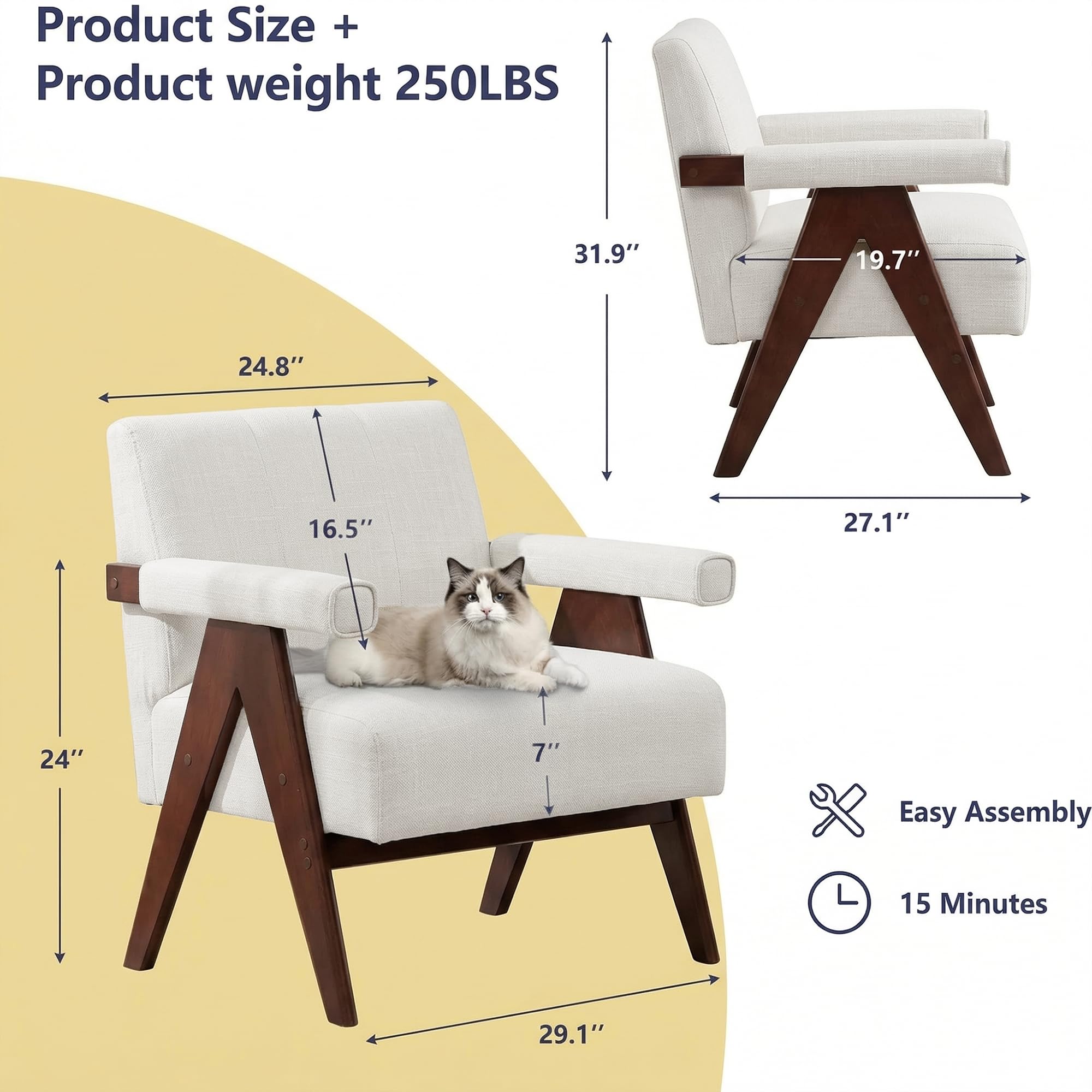 Mid Century Modern Accent Chair Set of 2, Solid Wood Frame White Linen Armchairs, Modern Reading & Living Room Chairs for Office Guest & Waiting Room