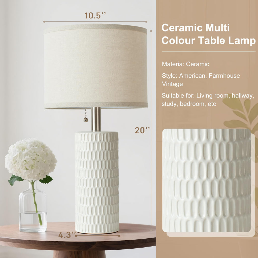 20.5" Modern Ceramic Table Lamps for Bedroom Set of 2, Bedside Lamps for Night Stands with Beige Lampshade, Farmhouse Table Lamp for Living Room Office Dorm, White