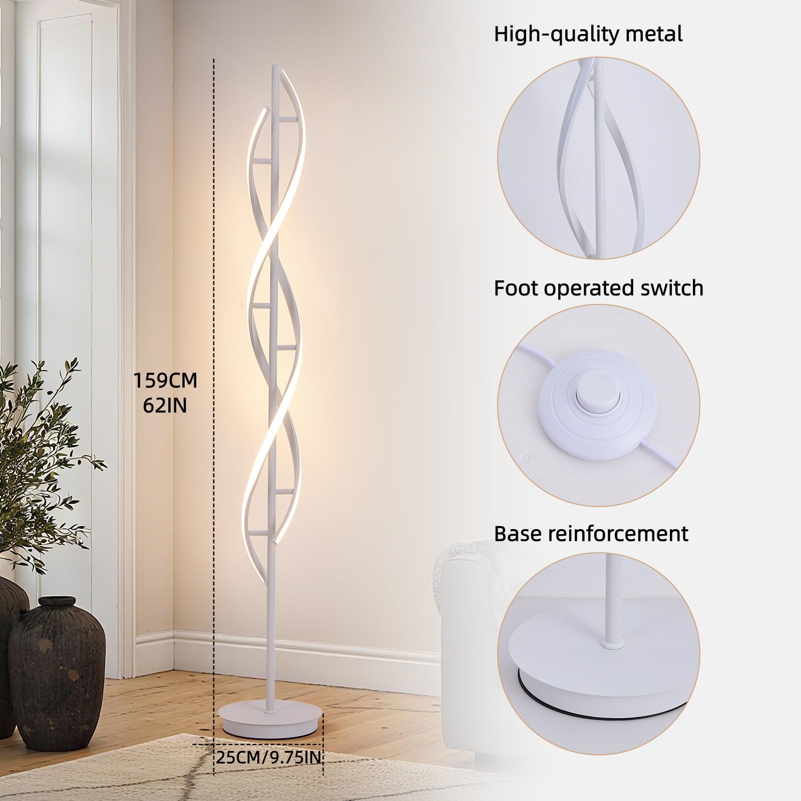 Modern Spiral Floor Lamp, 62" Tall Dimmable LED Corner Light with Remote Control & 3 Color Temperatures, White Standing Lamp for Bedroom Office