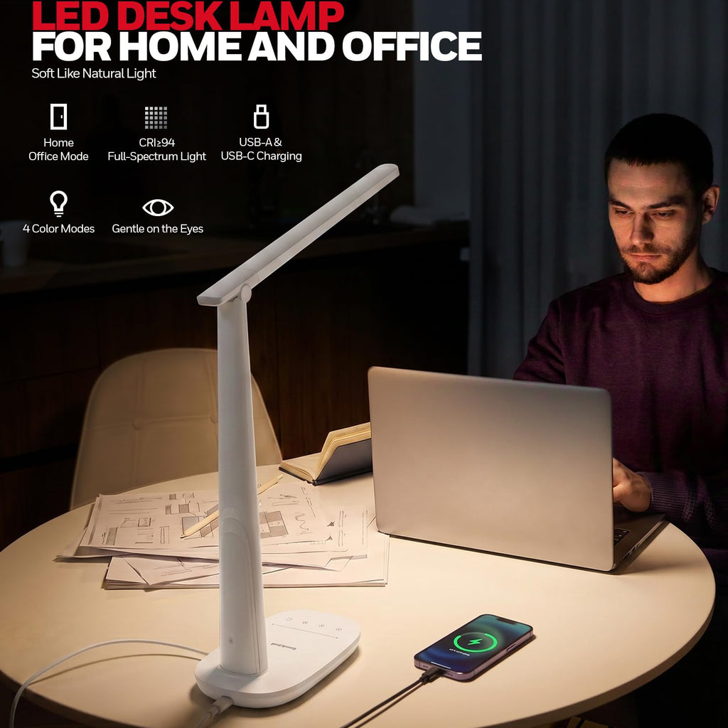 LED Desk Lamp for Home Office, Eye-Caring Dimmable Reading Light with 4 Color Modes, Touch Control, USB-A & USB-C Charging Ports, Adjustable Head, Timer for Bedroom & Small Desks