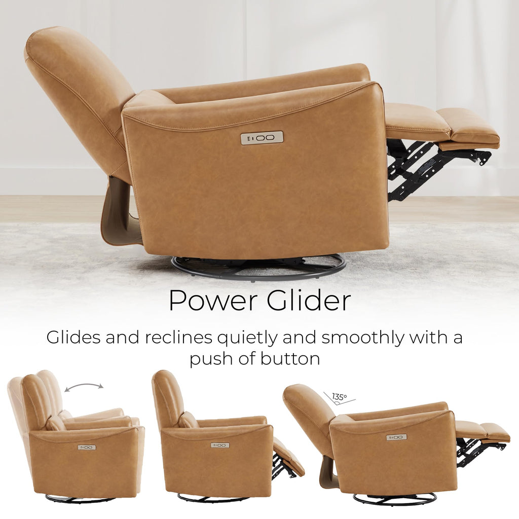 Power Recliner Chair Swivel Glider, FSC Certified Upholstered Faux Leather Living Room Nursery Reclining Sofa Chair with Lumbar Support, Cognac Brown