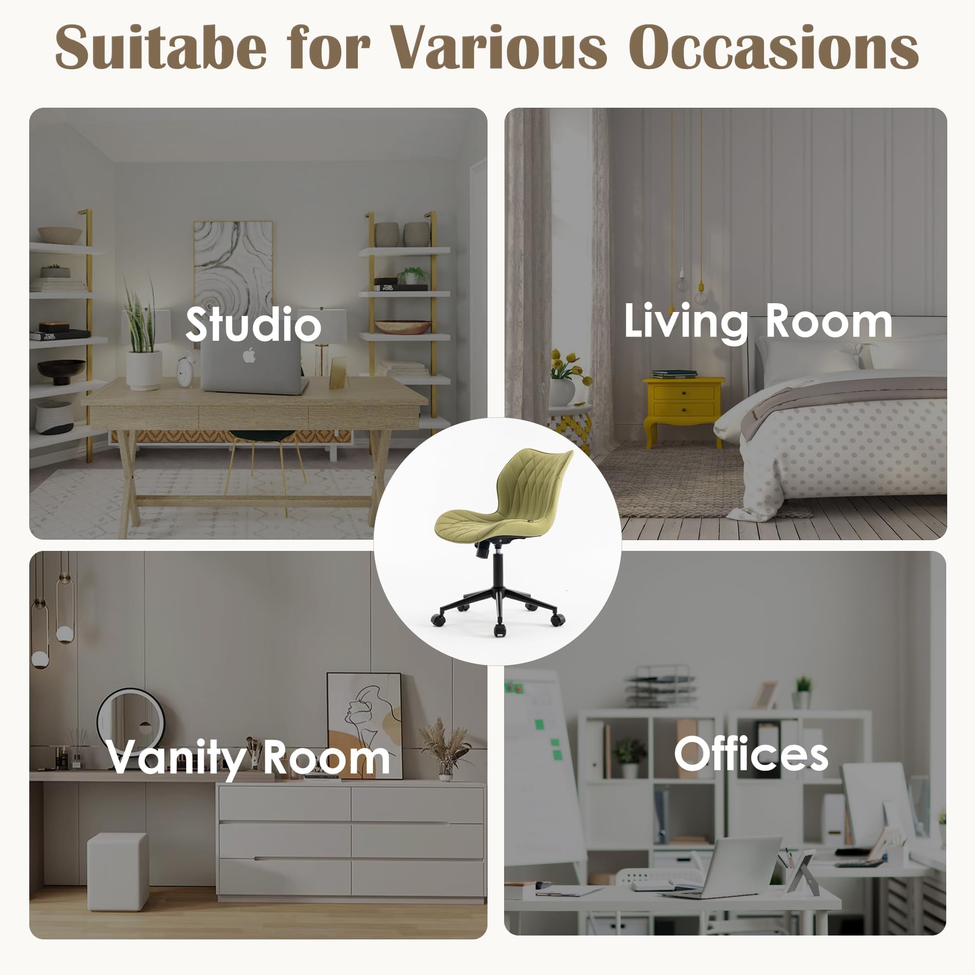 Armless Desk Chair Comfy Office Chair with Wheels Home Ergonomic Task Chair Adjustable Computer Chairs Modern Faux Leather Swivel Chair Upholstered Makeup Vanity Chair with Back(Avocado)