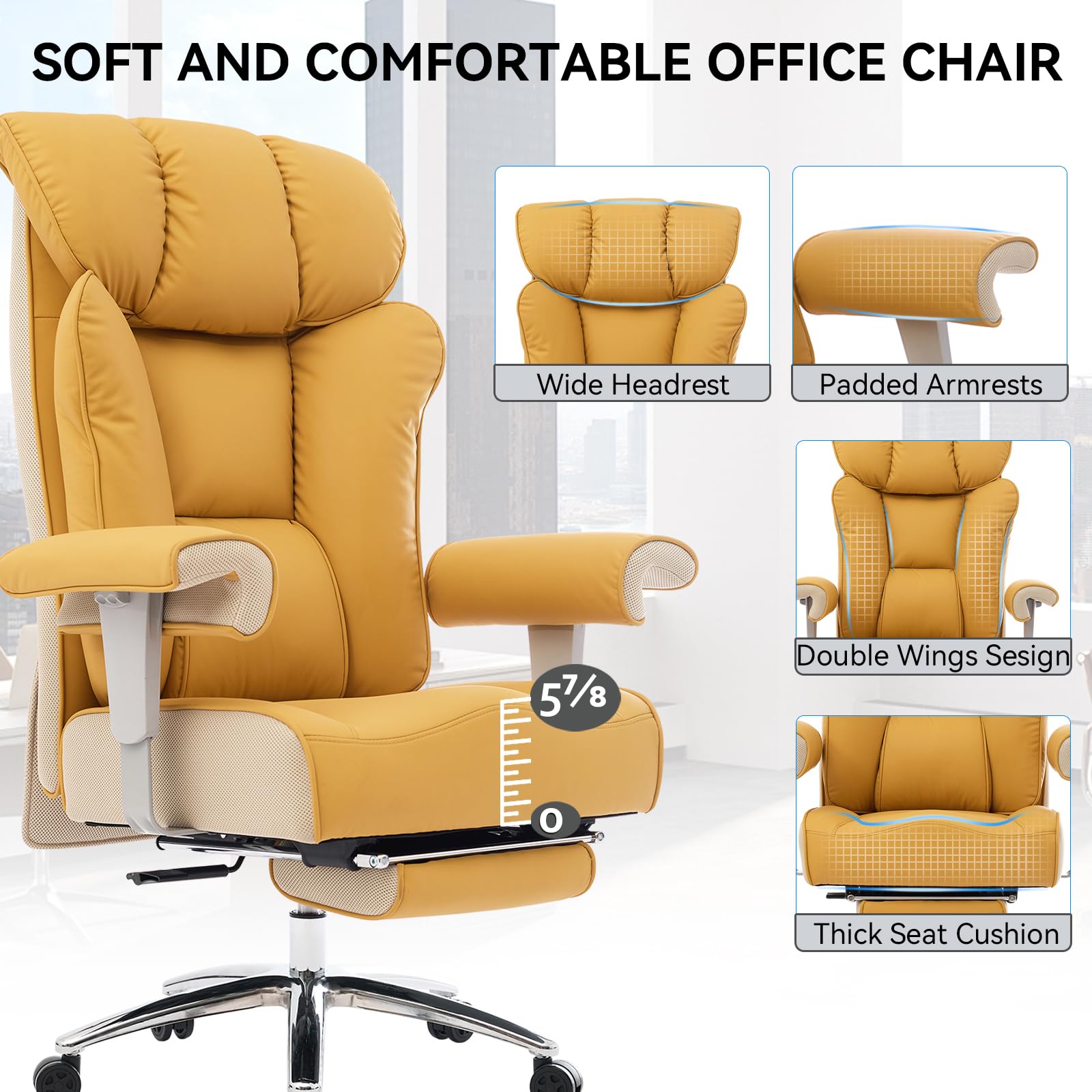 Big and Tall Green Office Chair 450LBS – Ergonomic High-Back Executive Chair with Footrest, Adjustable Padded Armrests, PU Leather Computer Chair with Lumbar Support for Home or Office, Yellow