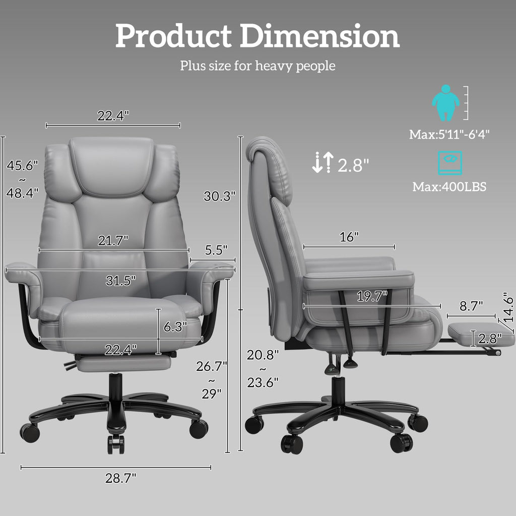 160 Reclining Office Chair with Footrest, Big & Tall Desk Chair, Grey