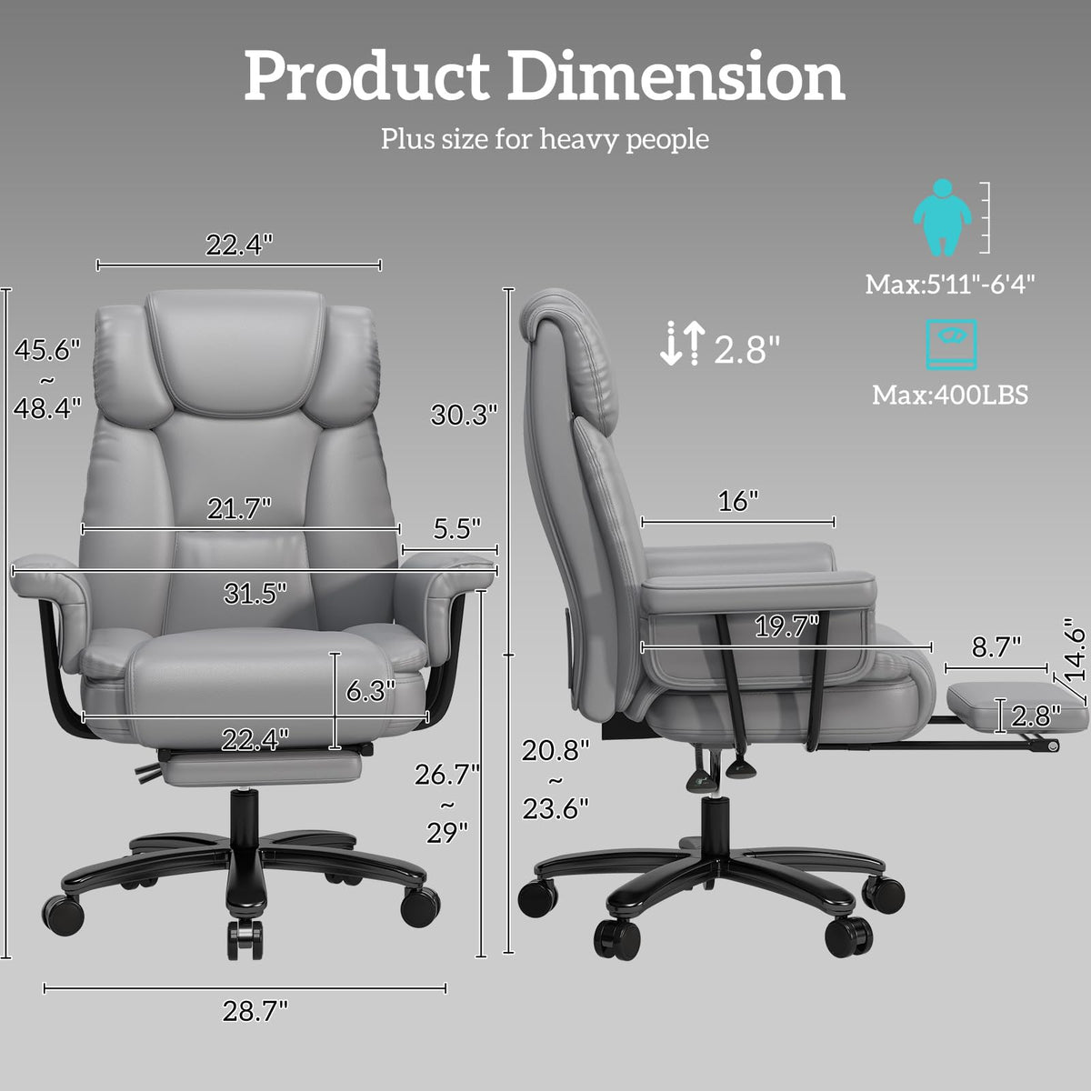 160 Reclining Office Chair with Footrest, Big & Tall Desk Chair, Grey