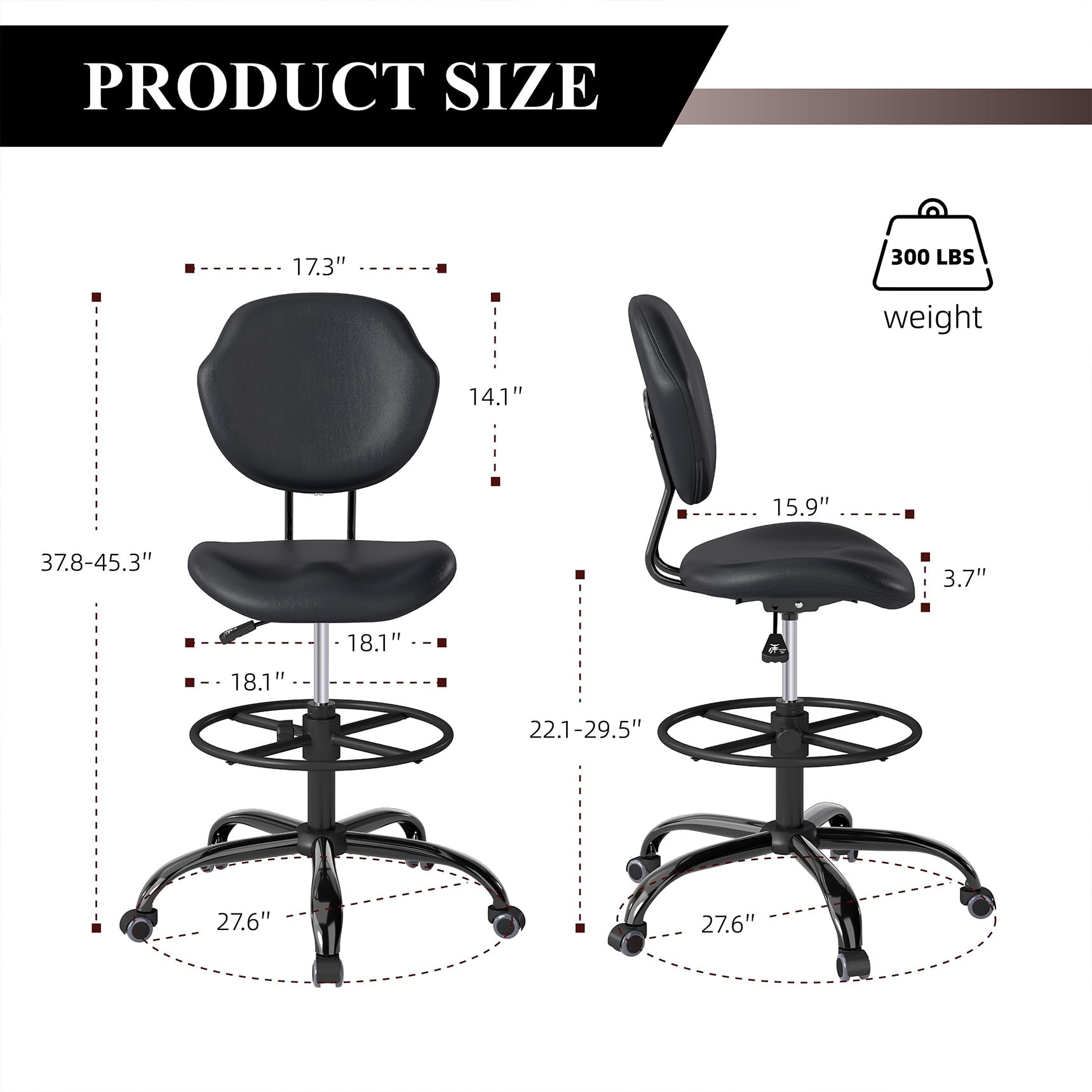 (Black, 6 Pack), Drafting Chair with Back Support, Tall/High Desk Rolling Stool, Faux Leather Office Chair with Height Adjustable for Standing Desk, Home Office, Bar, Workbench & Kitchen