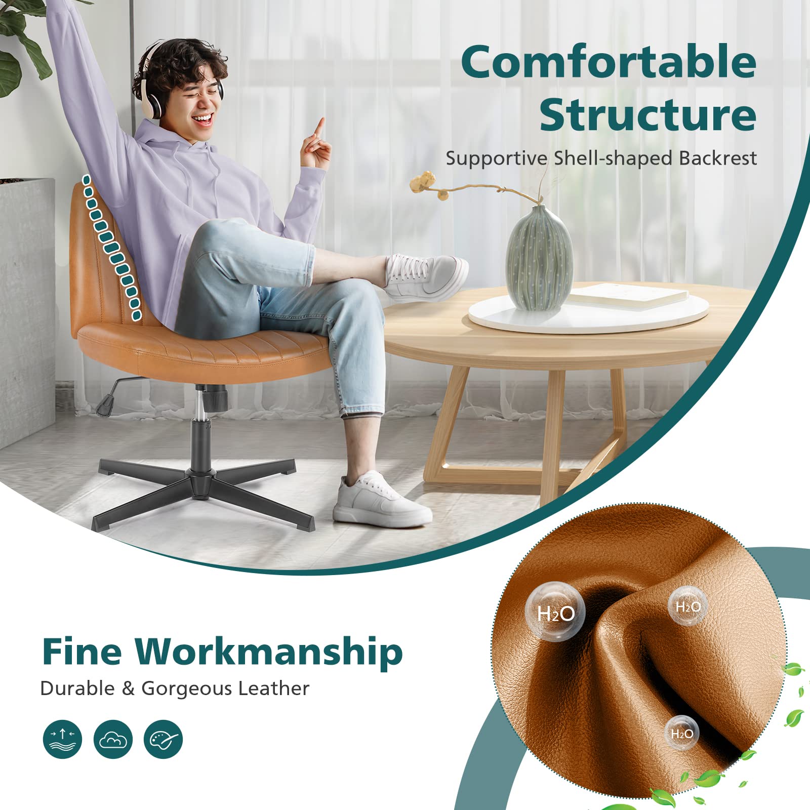 Criss Cross Legged Chairs Armless No Wheels Wide Seat Height Adjustable Swivel Padded PU Leather Home Office Desk Seating for Bedroom, Student, Study Room