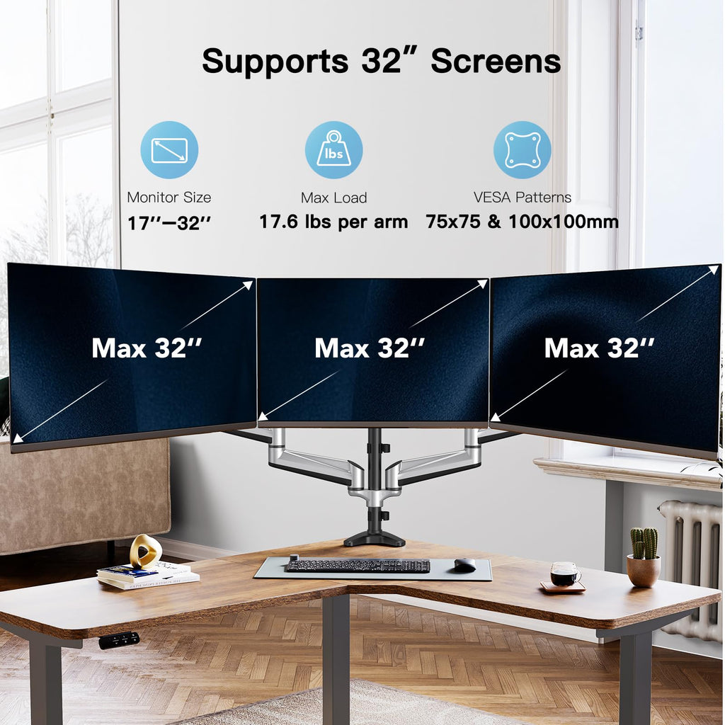 Gaming Triple Monitor Stand, Full Motion Articulating Triple Monitor Mount Fit 17 to 32 inch Flat/Curved LCD Computer Screens with Clamp, Grommet Kit, Silver
