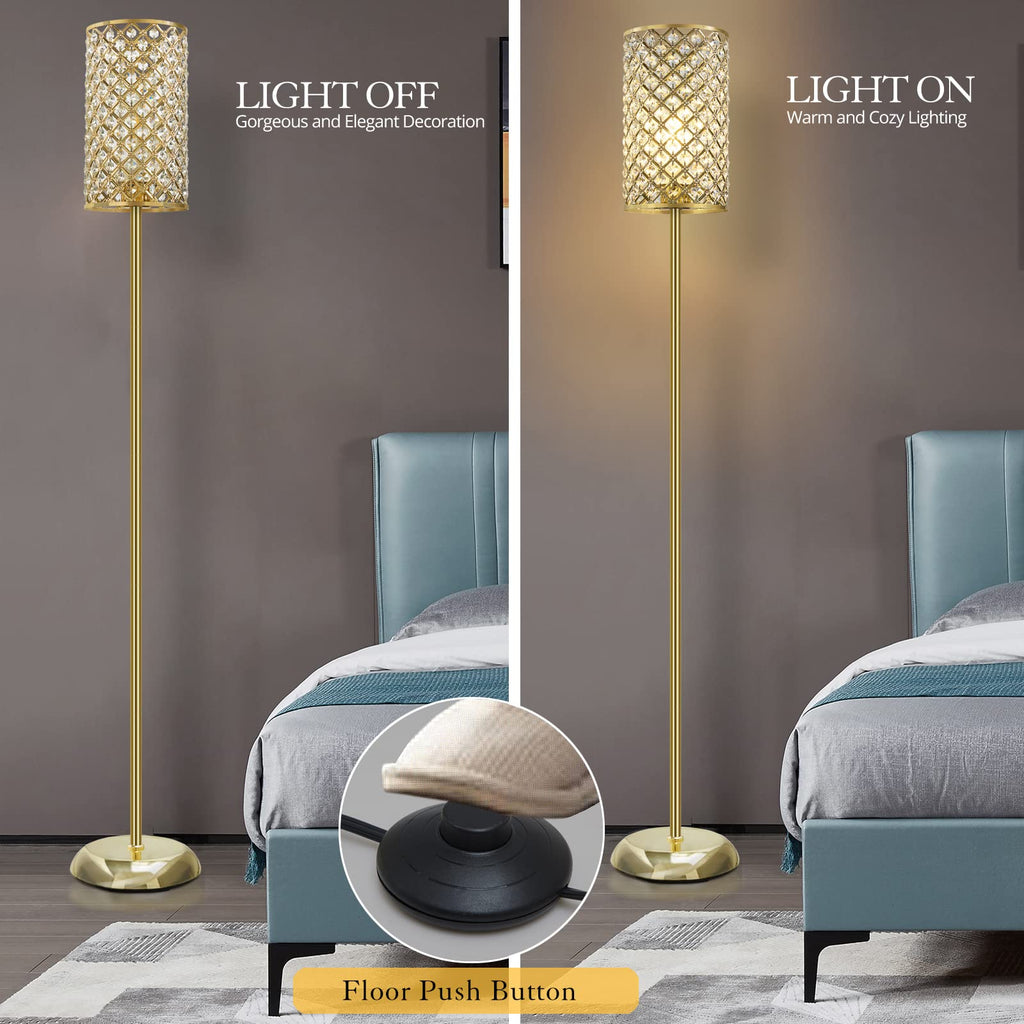 Gold Floor Lamp,Elegant Crystal Floor Lamp Modern Standing Lamp with On/Off Foot Switch,Tall Pole Accent Lighting for Living Room, Girl Bedroom, Dresser, Office