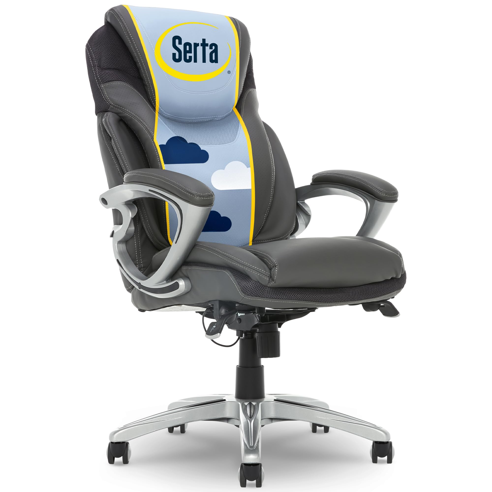 Executive Office Chair - Ergonomic Computer Desk Chair with Patented AIR Lumbar Technology - Adjustable Height - Memory Foam Body Pillows - 360° Swivel Rolling Base - Bonded Leather - Gray