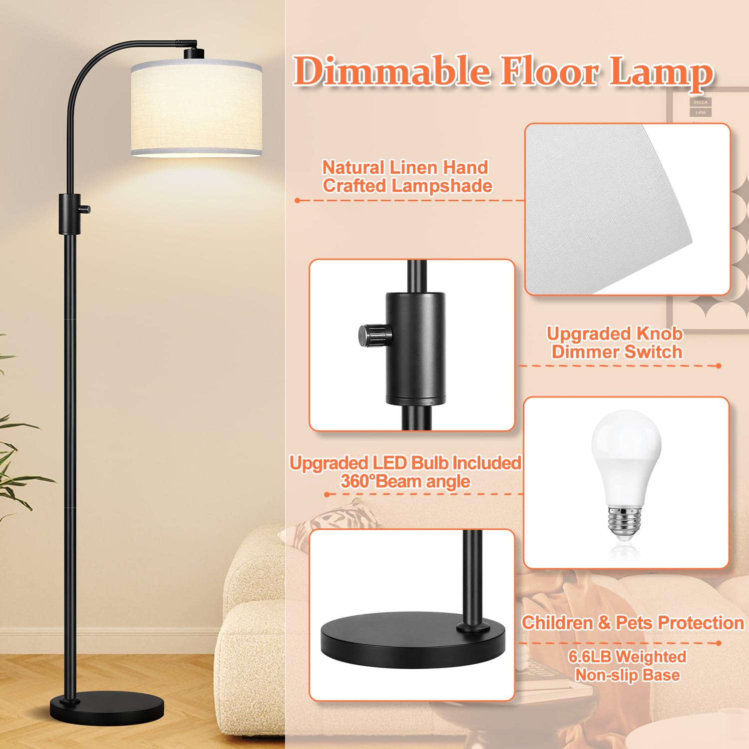 Upgraded Modern Arc Dimmable Tall Standing Floor Lamp with White Shade, 1200 Lumens LED Bulb Included, for Living & Reading Room, Bedroom, Office & Nursery, Black