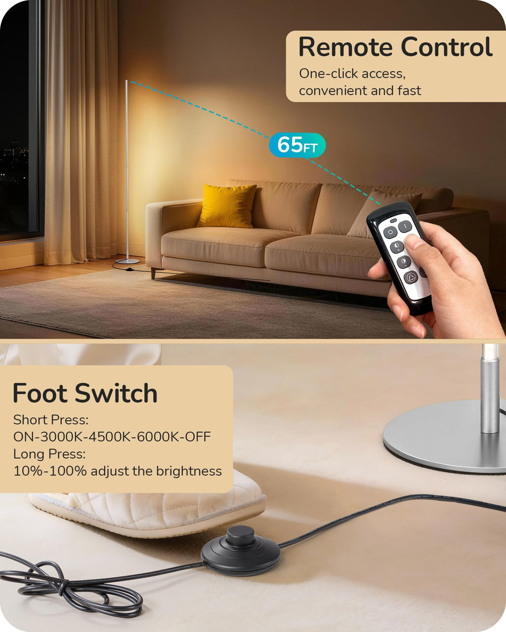 59.8" Corner Lamp with Remote & 3 Height Settings, Dimmable & 3CCT