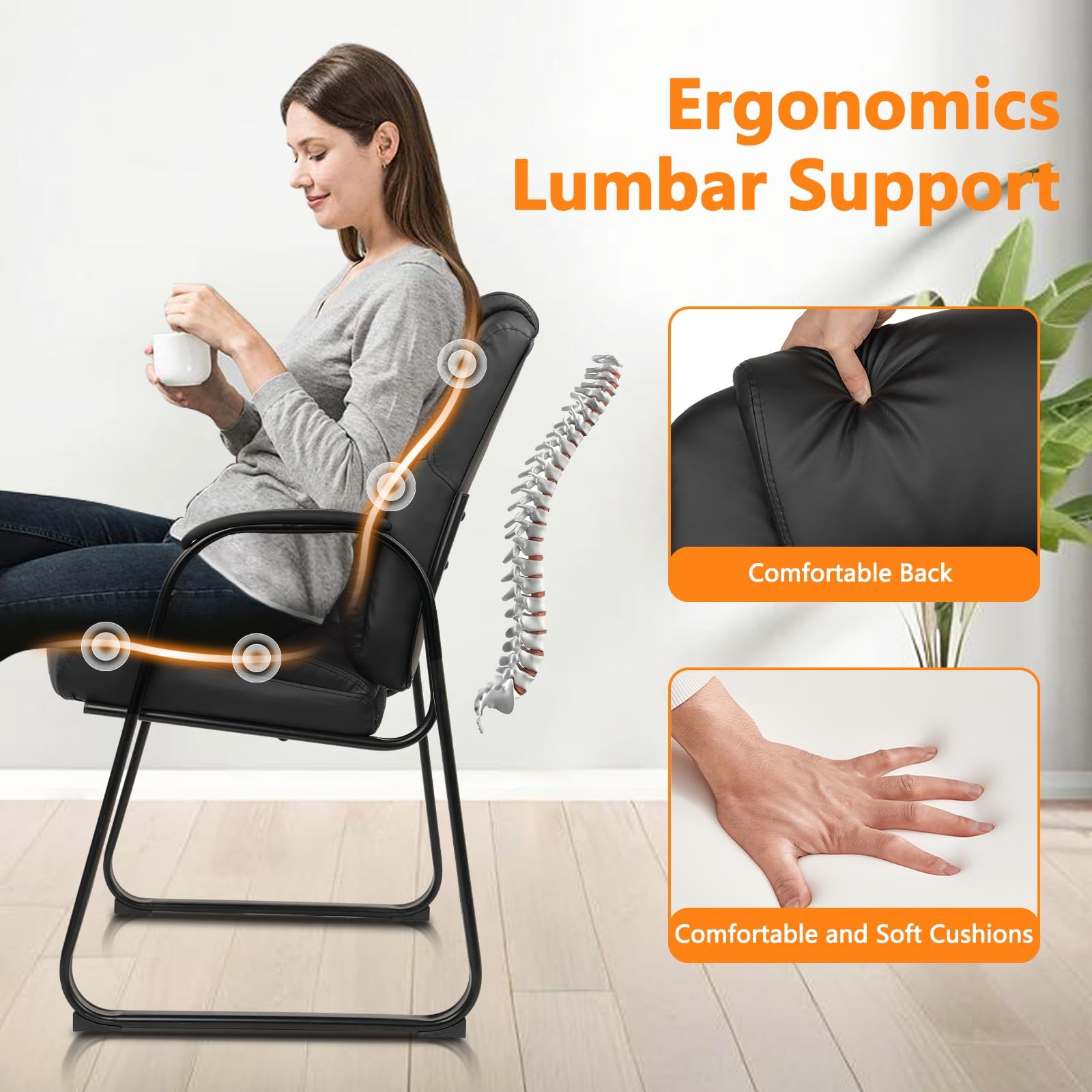 8 Pack, Leather Guest Chair with Padded Arm Rest for Reception Meeting Conference and Waiting Room Side Office Home Black with Sled Base