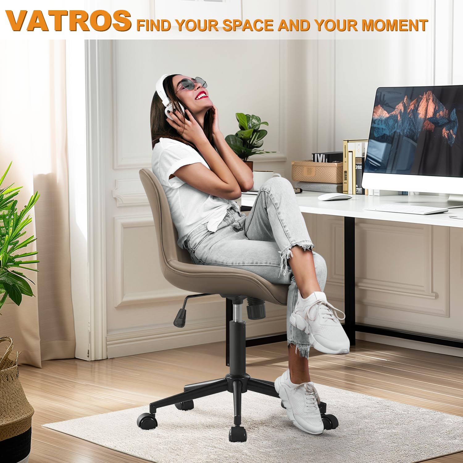 Armless Office Chair, Height Adjustable Desk Chair with Wheels, Ergonomic Comfy 360° Swivel Home Office Computer Task Chair, Faux Leather Padded Cute Vanity Chair, Khaki