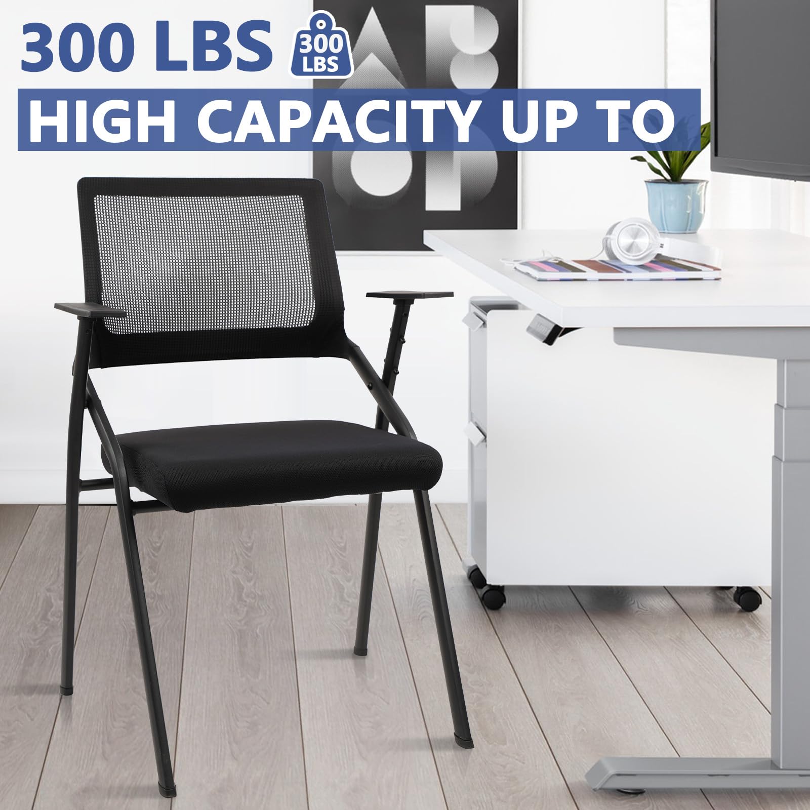 Stackable & Foldable Office Chairs with Ergonomic Lumbar Support and Thickened Seat Cushion, Folding Mesh Fabric Reception Guest Chair for School Church Conference Waiting Room Black