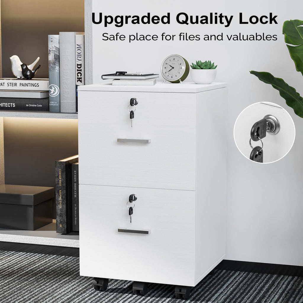 2 Drawer File Cabinet with Lock, Wood Grain White File Cabinets for Letter Size File Folders with Tabs, Mobile Under Desk Filing Cabinets for Home Office, Rolling Filing Cabinet Printer Stand