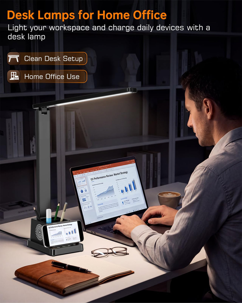 LED Desk Lamp for Home Office,15W Wireless Charger Pen Holder, Black