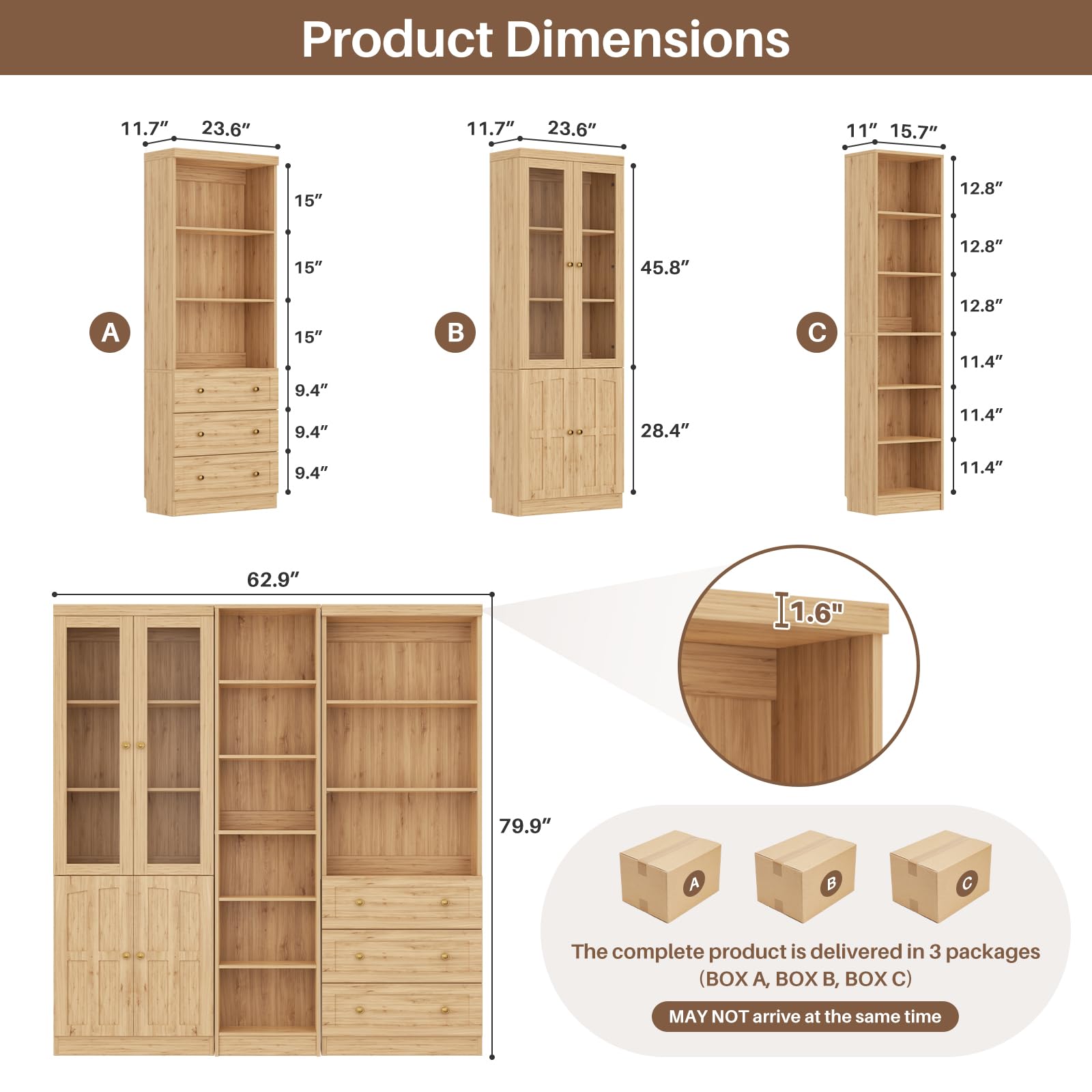 80" H Bookshelf with Adjustable Shelves and Thickened Top Panel