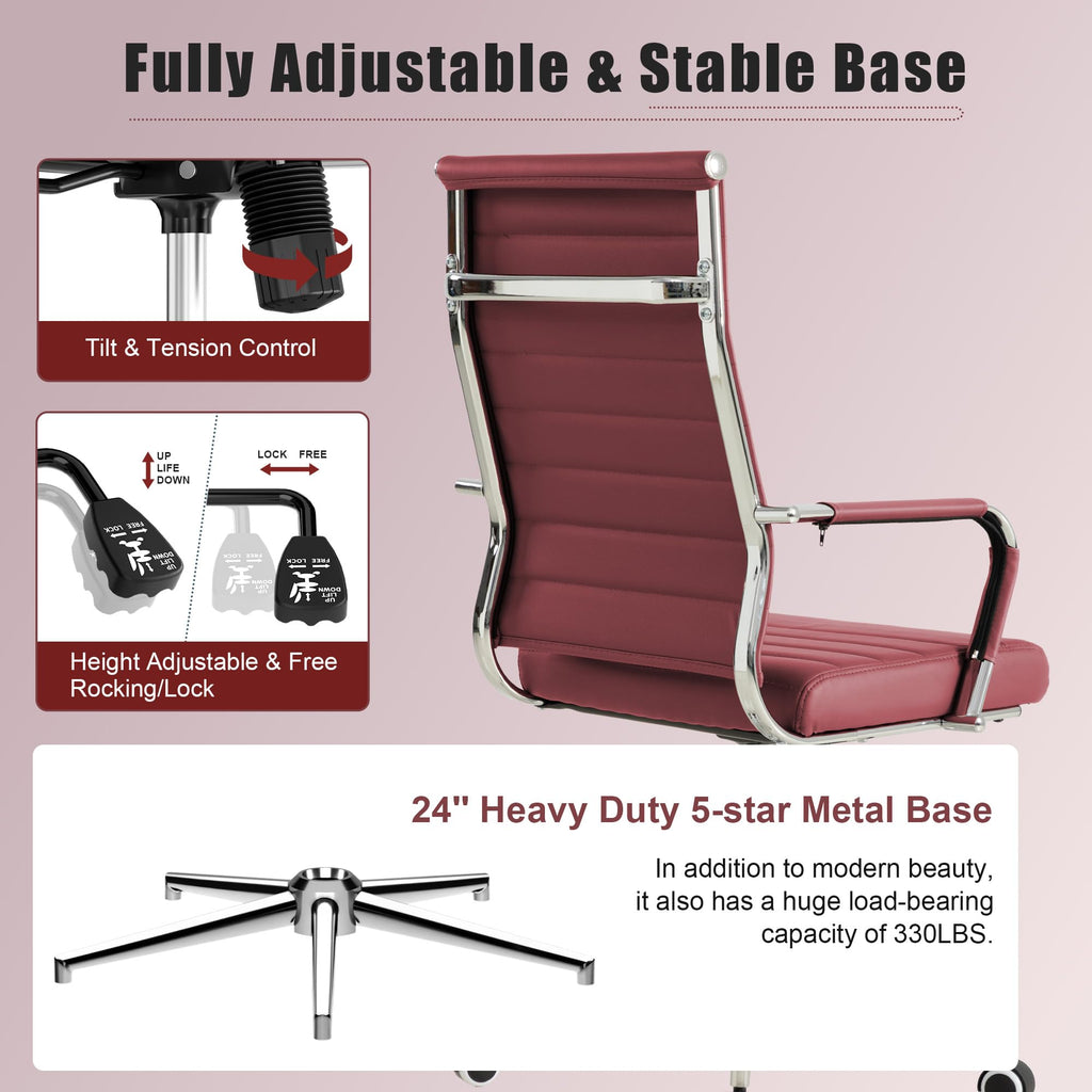 Red Office Desk Chair, Ergonomic Leather Modern Conference Room Chairs, Executive Ribbed Height Adjustable Swivel Rolling Chair for Home Office. (Red)