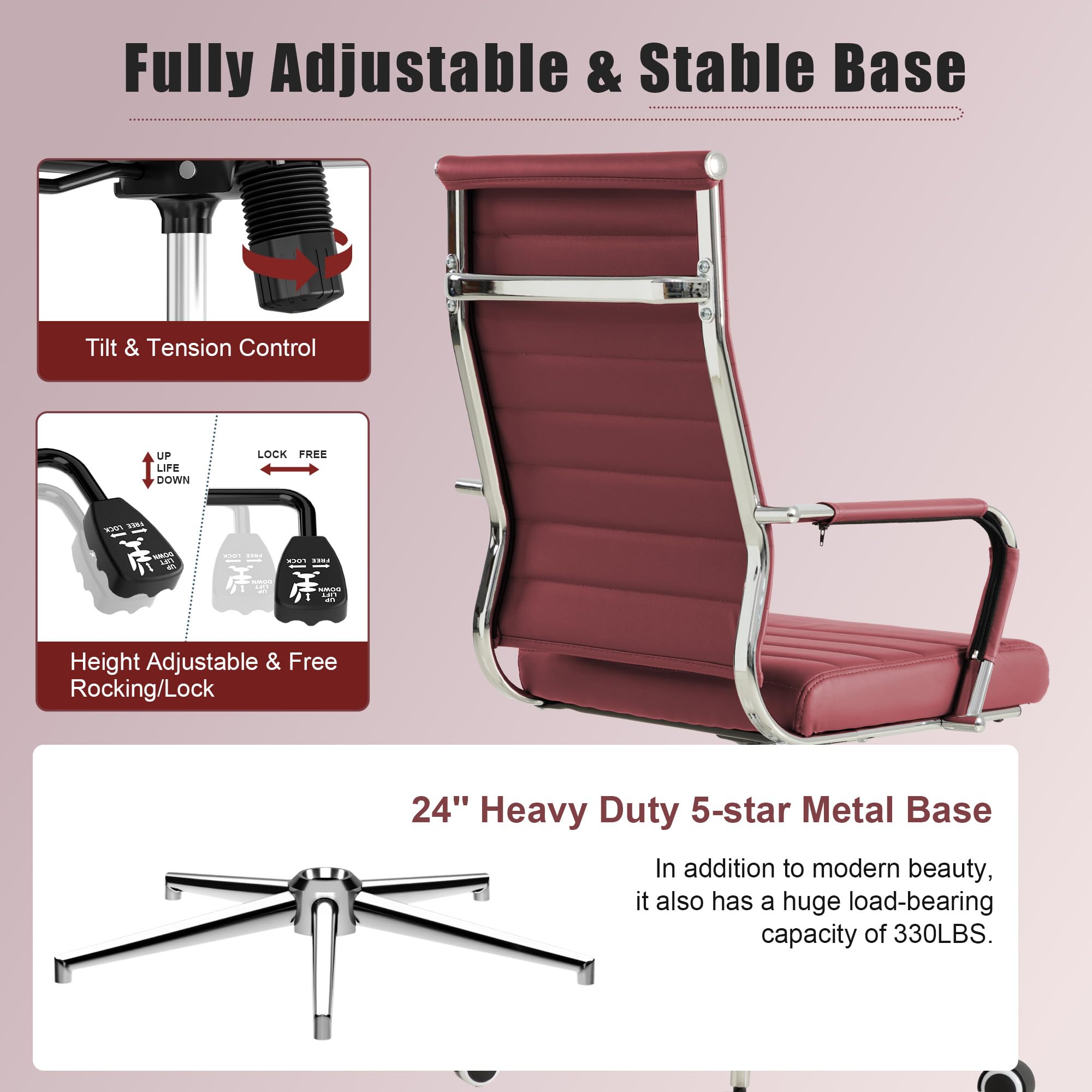 Red Office Desk Chair, Ergonomic Leather Modern Conference Room Chairs, Executive Ribbed Height Adjustable Swivel Rolling Chair for Home Office. (Red)