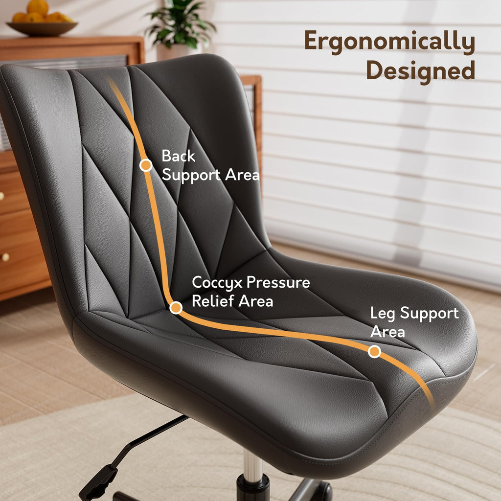 Armless Desk Chair, Morden Home Office Chair no Arms, Adjustable Height & Rocking Computer Chair, PU Leather Vanity Chair, Ergonomic Seat Soft Padded Desk Chairs for Home Small Space, Black