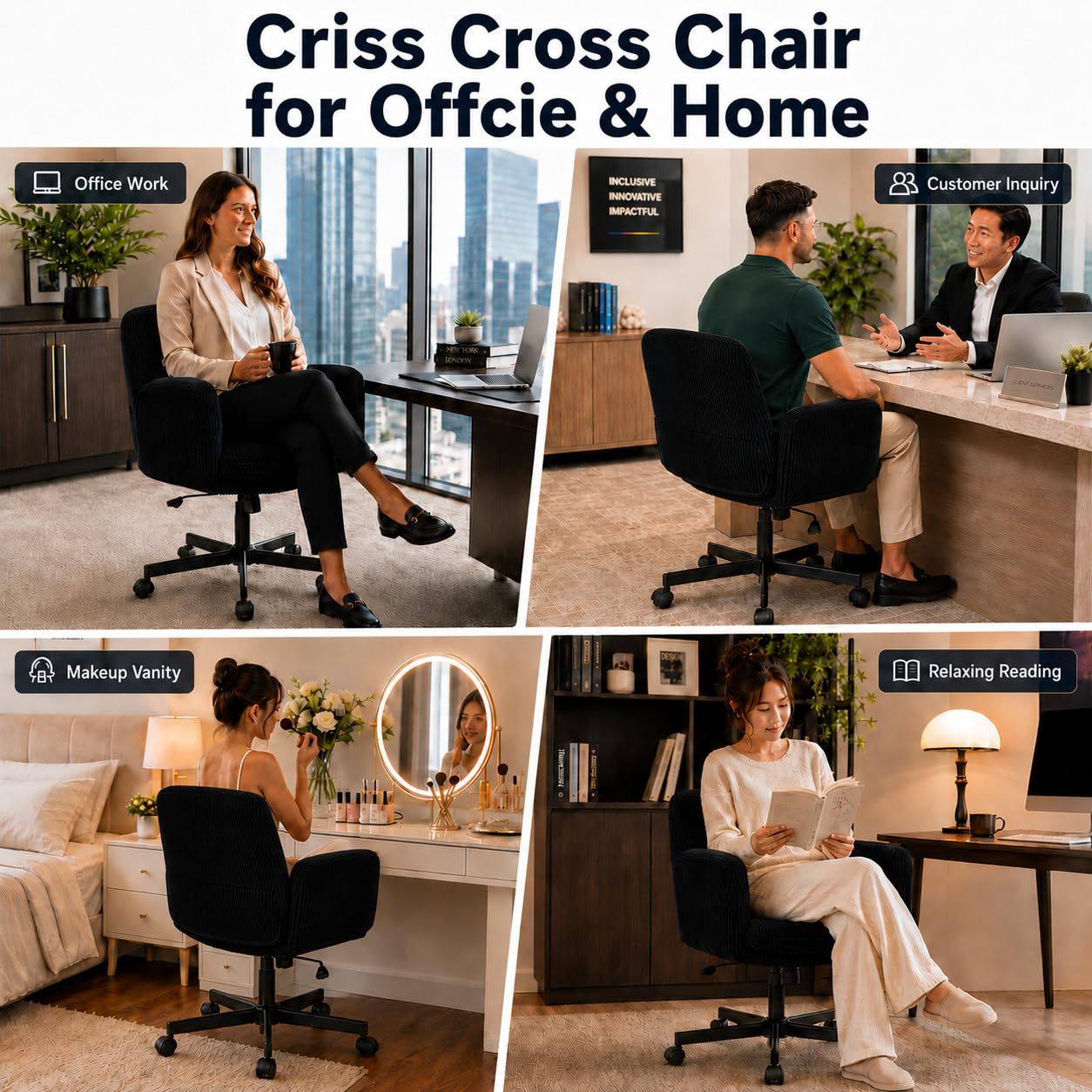 Criss Cross Office Chair with Wheels and Arms, Vanity Chair with Back, Comfy Swivel Cross Legged Office Chairs for Ultimate Comfort and Support, Unique Multifunctional Stylish Arms (Corduroy Black)