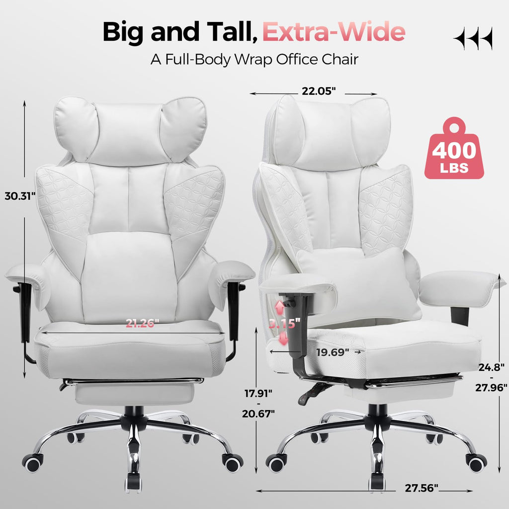 Big and Tall Gaming Chair 400lbs Heavy Duty Office Chair with Foot Rest & Ergonomic Pocket Spring Lumbar Support, High Back Executive Computer Desk Chair for Lower Back Pain Relief, White