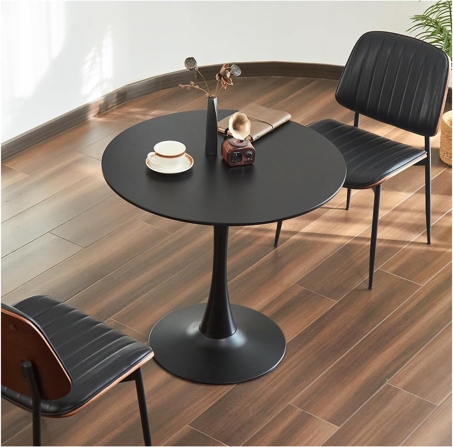Hansweld Round Dining Table, 24" Circle Tulip Table with Thickened Tabletop & Metal Pedestal, Mid Century Modern Bistro Table for Kitchen, Small Places, Living Room, Cafe (Black)