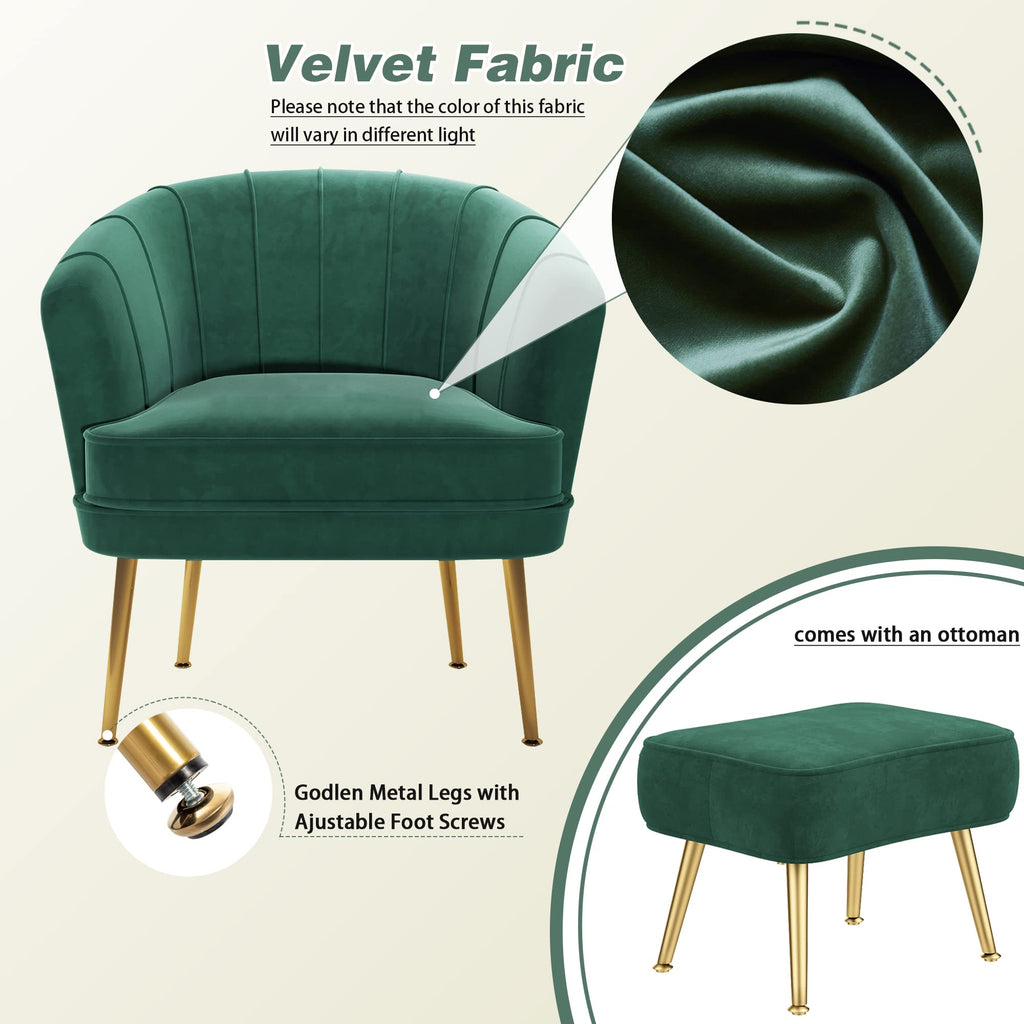 Velvet Accent Chair with Ottoman, Upholstered Modern Single Sofa Side Chair,Comfy Barrel Club Living Room Armchair with Golden Metal Legs for Office Bedroom Living Reading Room, Green