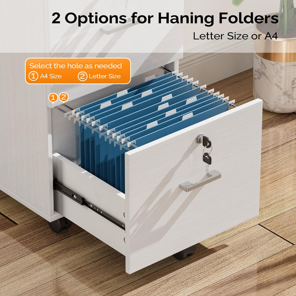 2 Drawer File Cabinet with Lock, Wood Grain White File Cabinets for Letter Size File Folders with Tabs, Mobile Under Desk Filing Cabinets for Home Office, Rolling Filing Cabinet Printer Stand