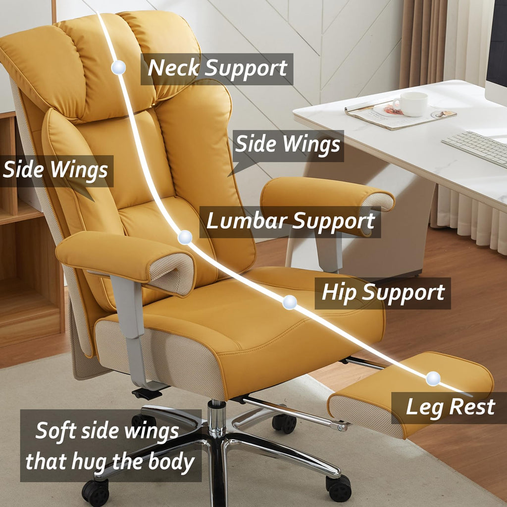 Big and Tall Green Office Chair 450LBS – Ergonomic High-Back Executive Chair with Footrest, Adjustable Padded Armrests, PU Leather Computer Chair with Lumbar Support for Home or Office, Yellow
