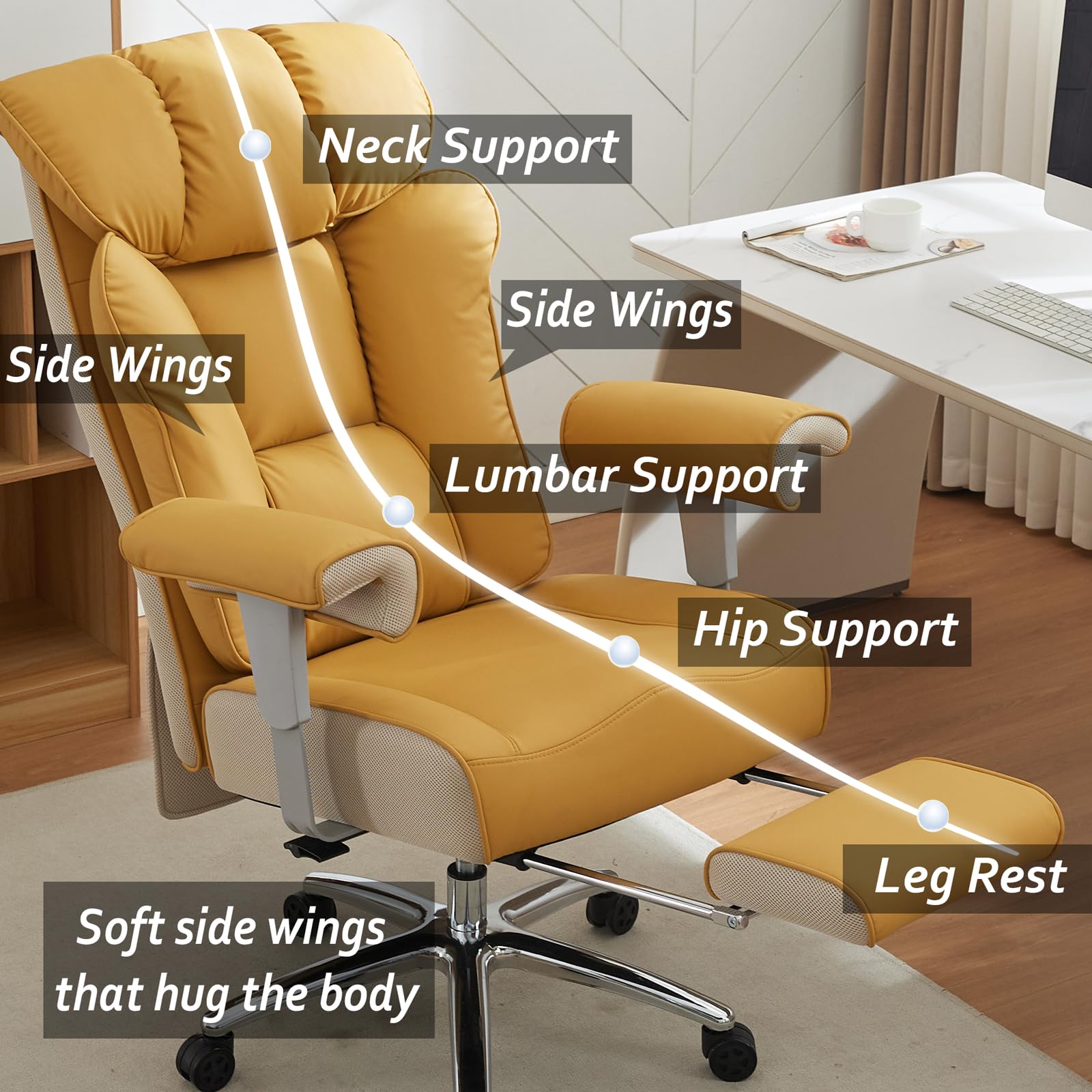 Big and Tall Green Office Chair 450LBS – Ergonomic High-Back Executive Chair with Footrest, Adjustable Padded Armrests, PU Leather Computer Chair with Lumbar Support for Home or Office, Yellow