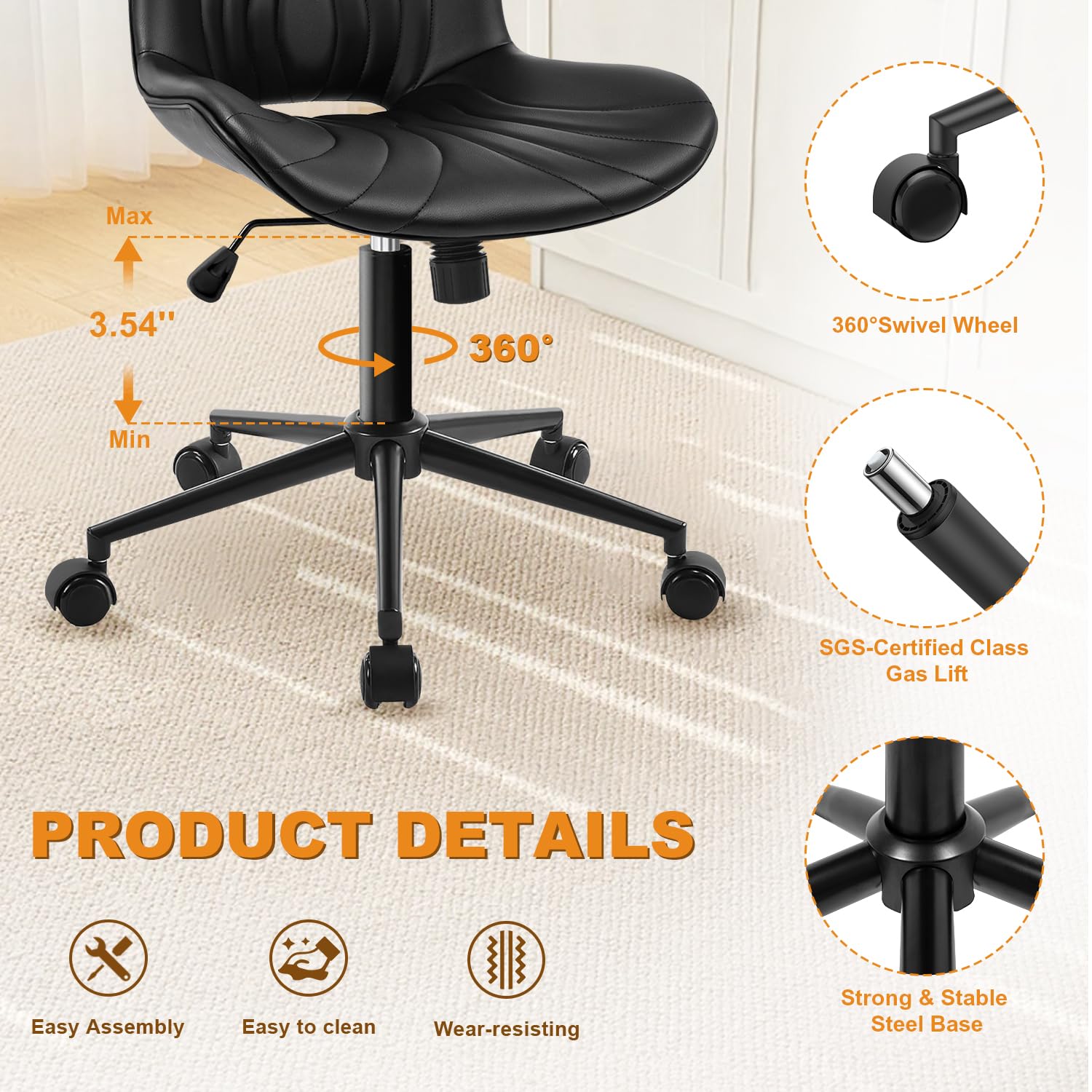 Armless Office Chair, Height Adjustable Desk Chair with Wheels, Ergonomic Comfy 360° Swivel Home Office Computer Task Chair, Faux Leather Padded Cute Vanity Chair,Black